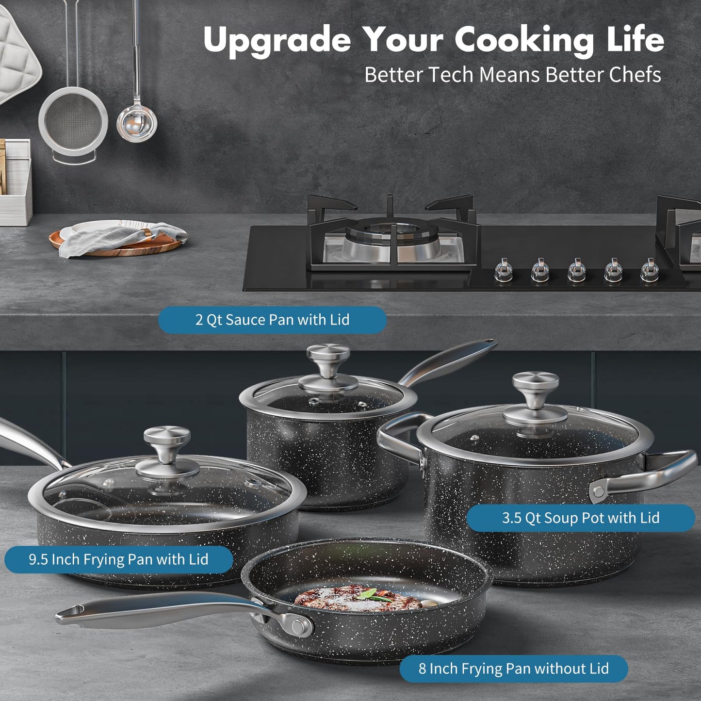 - Stainless Steel Pots and Pans Set | 7-Piece Nonstick Granite Induction Hob Pan Set | Frying Pans & Saucepans | Black -