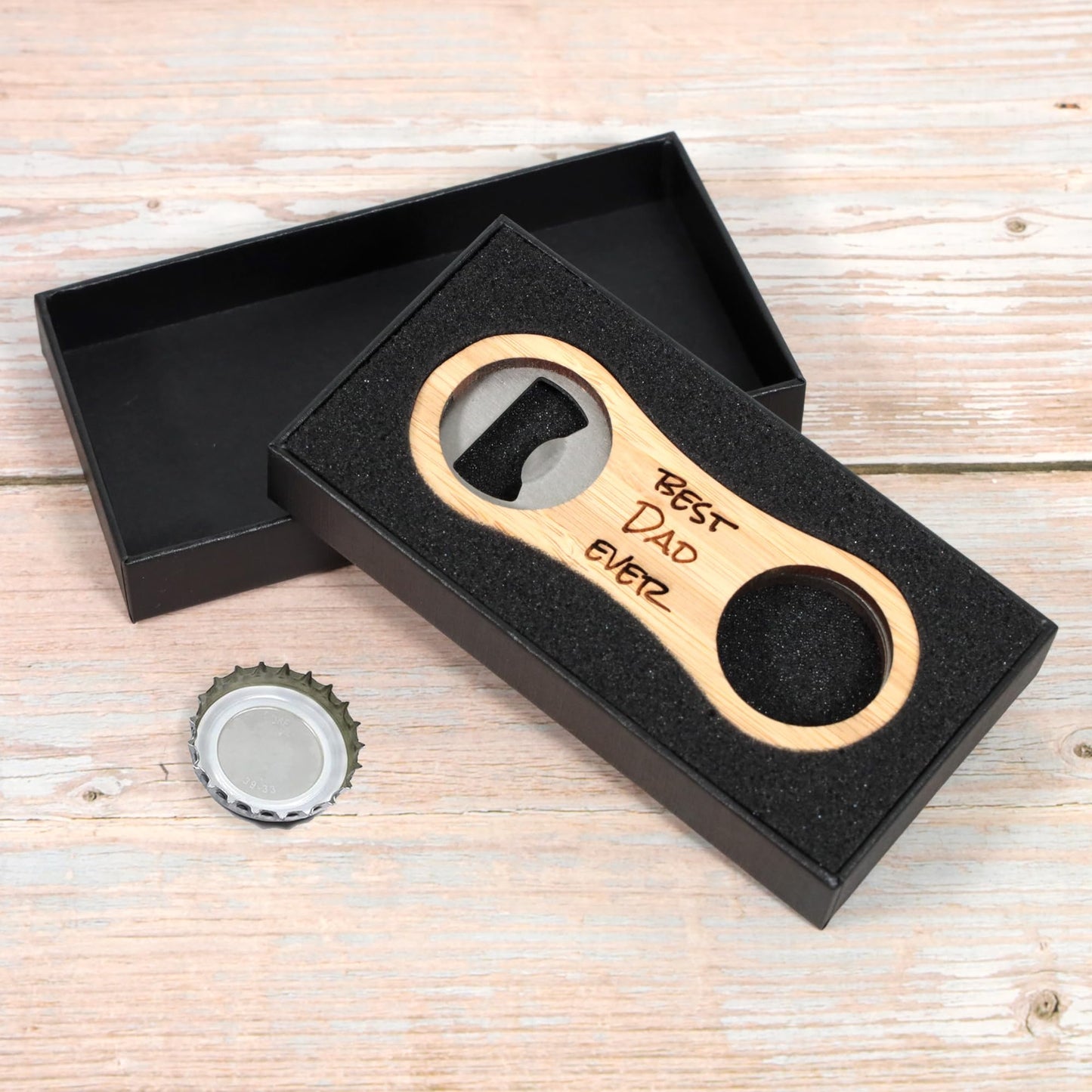 - Personalised Custom Bamboo Bottle Opener + Gift Box -