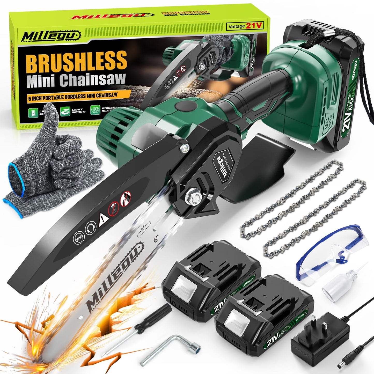 - Millegu Mini Chainsaw | Brushless Motor | 6 Inch Electric Chainsaw Cordless | 2 * 2000mAh Battery & 2 Chains -