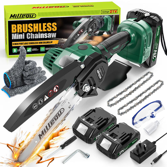 - Millegu Mini Chainsaw | Brushless Motor | 6 Inch Electric Chainsaw Cordless | 2 * 2000mAh Battery & 2 Chains -