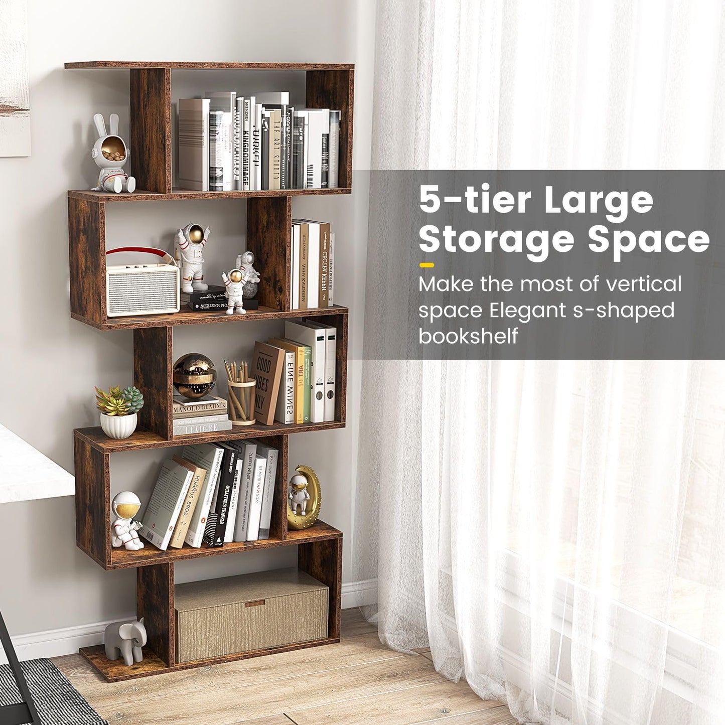 CASART 5/6 Tier Wooden Bookcase, Free Standing Shelving Stand Rack, S-Shaped Bookshelf Storage Display Unit