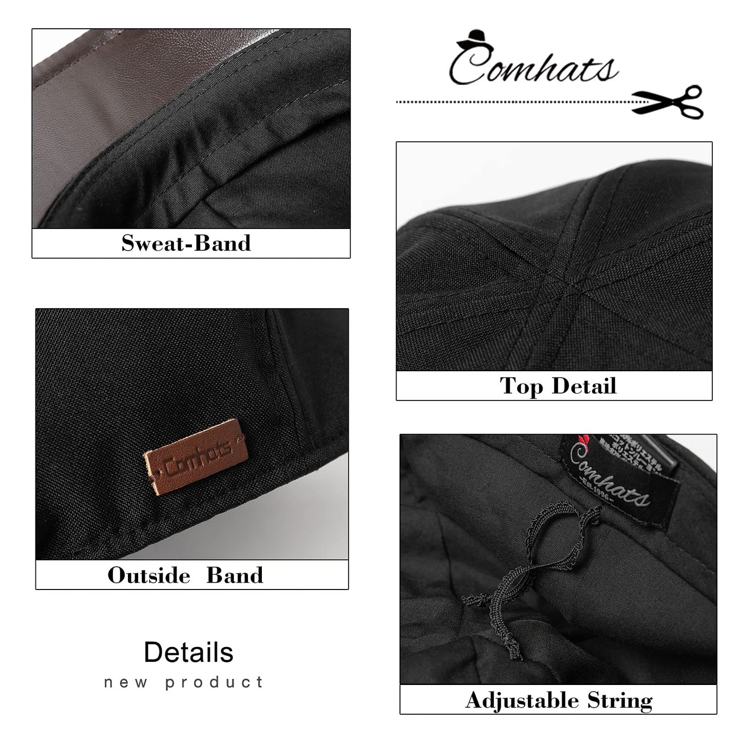 Comhats Mens Showerproof Waterproof Flat Duckbill Cap Gatsby Ivy Irish Newsboy Cabbie Golf Shooting Driving Hat Adjustable (M/L, Black)