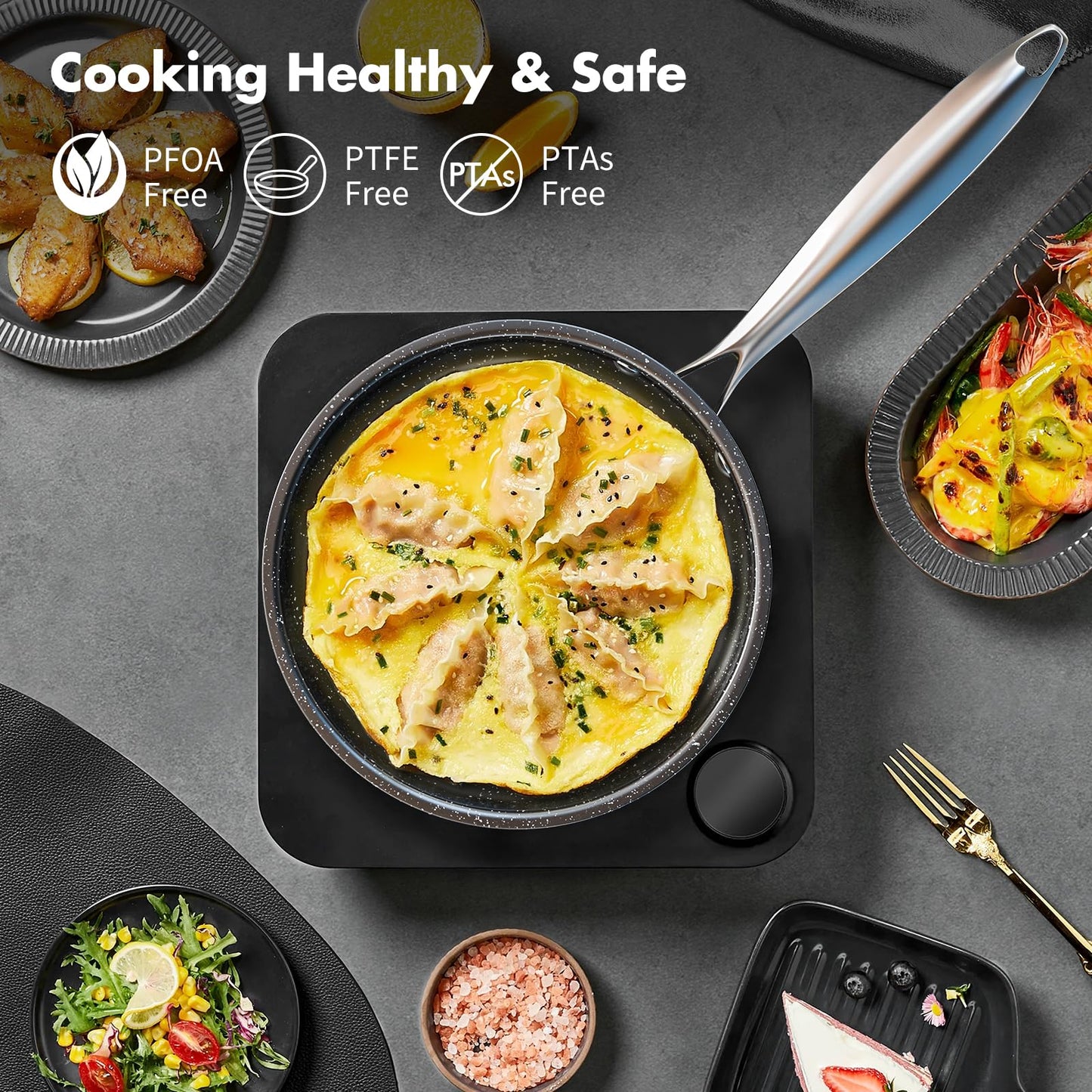 - Stainless Steel Pots and Pans Set | 7-Piece Nonstick Granite Induction Hob Pan Set | Frying Pans & Saucepans | Black -