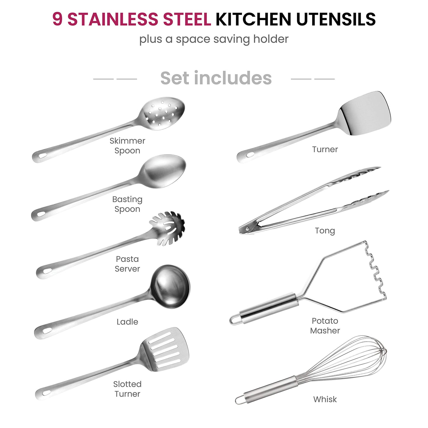 - FineDine Kitchen Utensils Set | 10-Piece | Stainless-Steel Cooking Utensils w/Spoons -