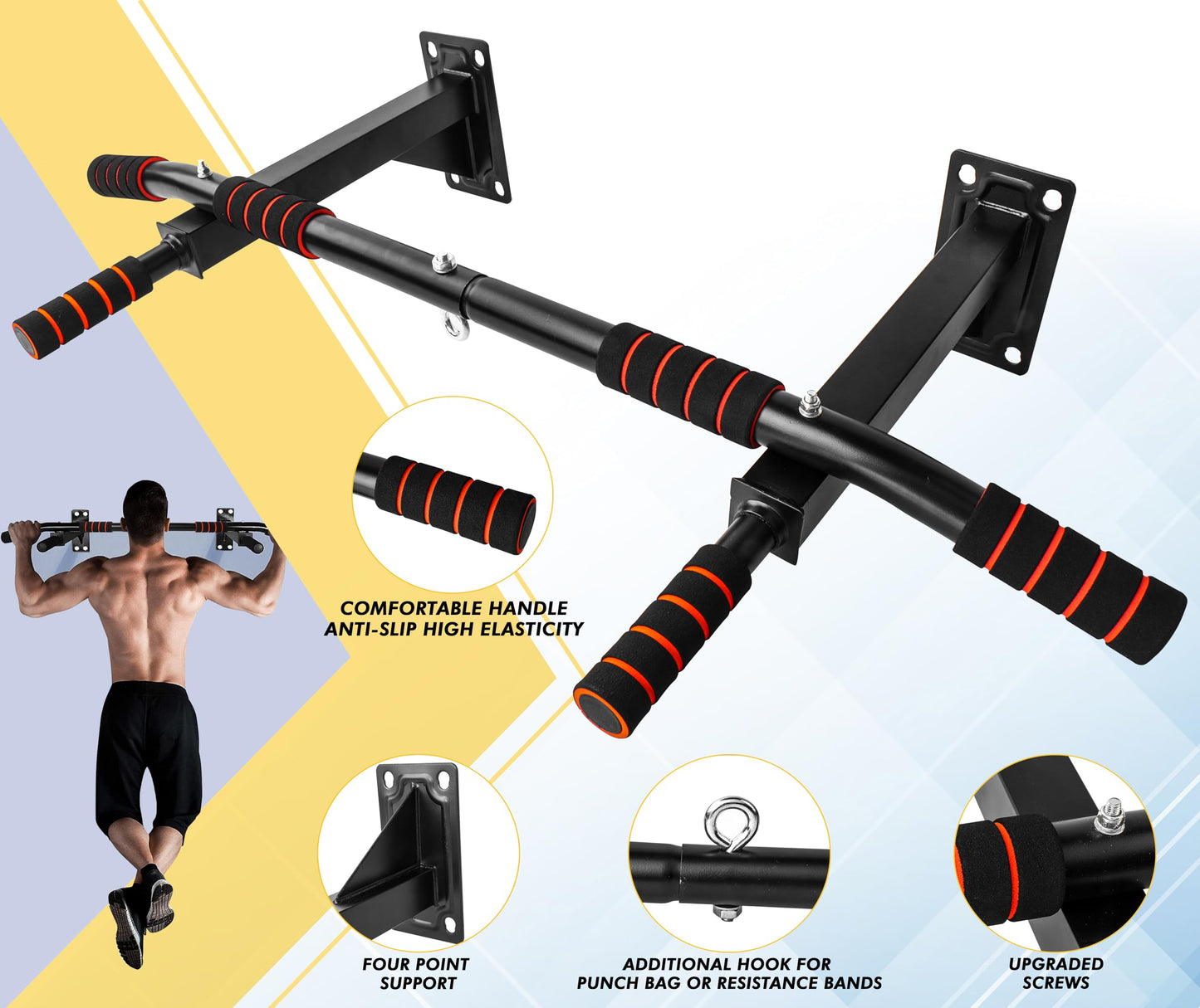 - FK Sports Pull Up Bar | Wall Mounted Pull-Up Bars | 3 Foam Padded Hand Grips -