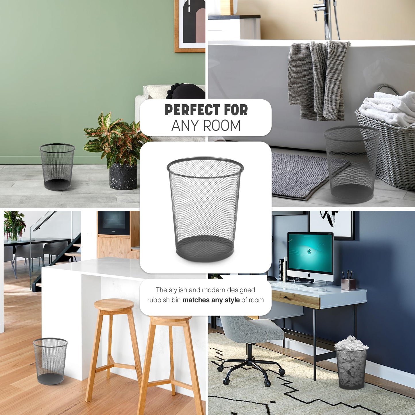 - KEPLIN Round Trash Can | Black Non-slip Mesh Bin | Stylish & Sturdy Metal Waste Paper Bin -