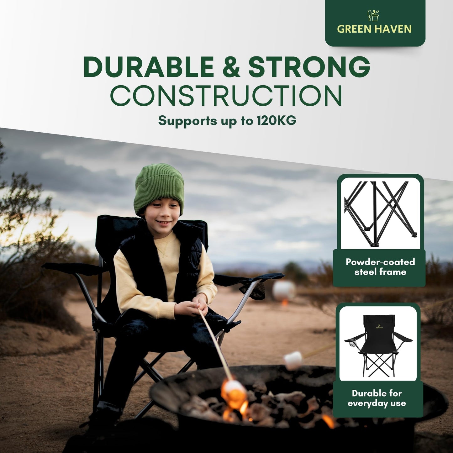 - Green Haven Camping Folding Chair | Black Lightweight Chair | 600D Polyester & Rip Stop | Heavy Duty Steel Frame Arm Chair with Cup Holder | Portable Chair for Outdoor & Camping -