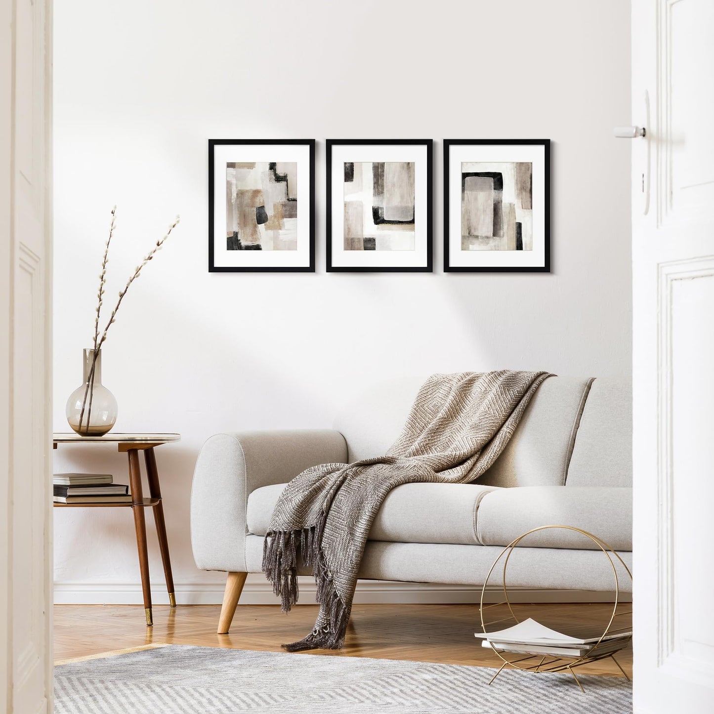 ArtbyHannah Framed Abstract Wall Art 3 Pack 11x14 IN with Brown Black Tan Blocks Prints for Wall Decor with Black Frames 29x36 cm, Extra Art Prints of Botanical Included