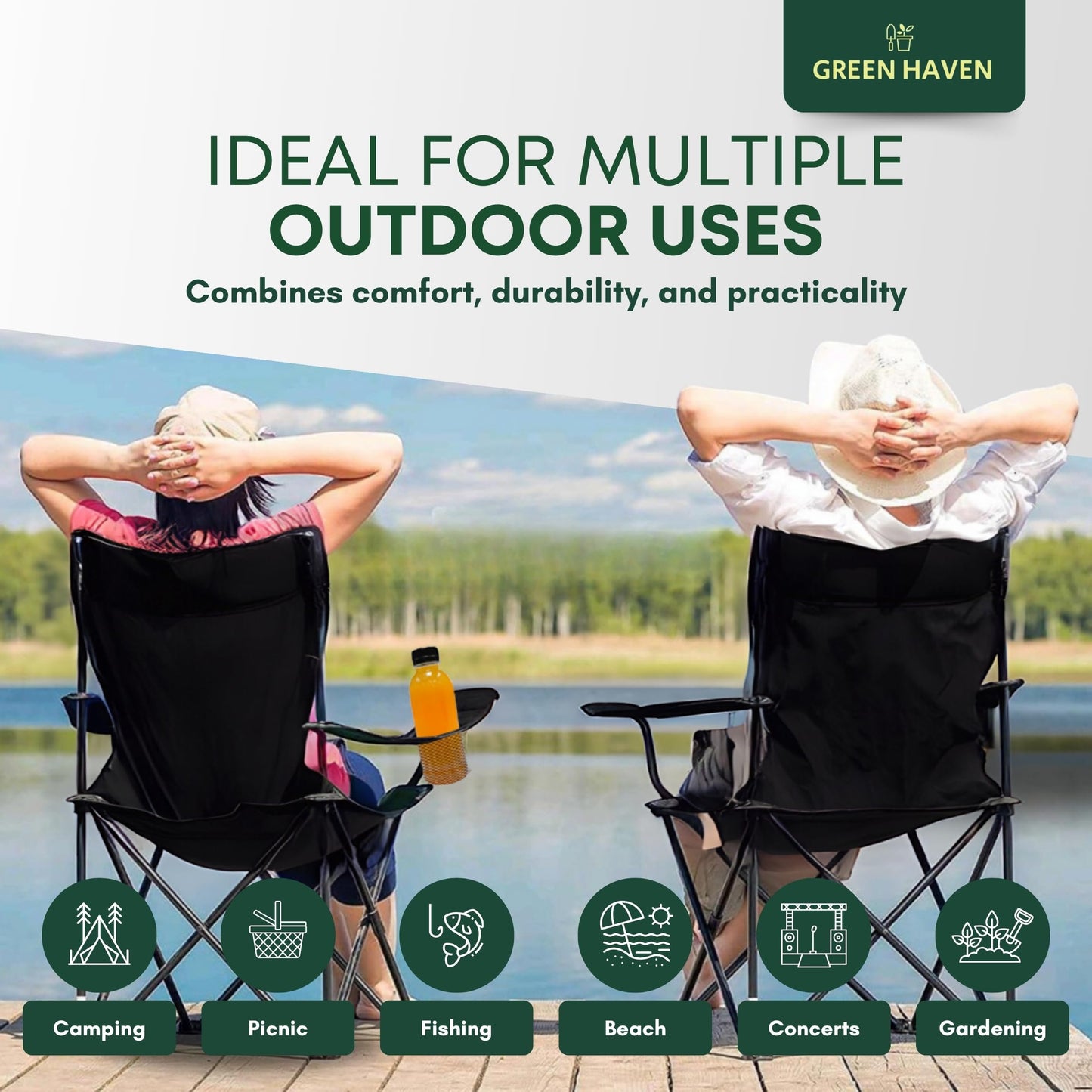 - Green Haven Camping Folding Chair | Black Lightweight Chair | 600D Polyester & Rip Stop | Heavy Duty Steel Frame Arm Chair with Cup Holder | Portable Chair for Outdoor & Camping -