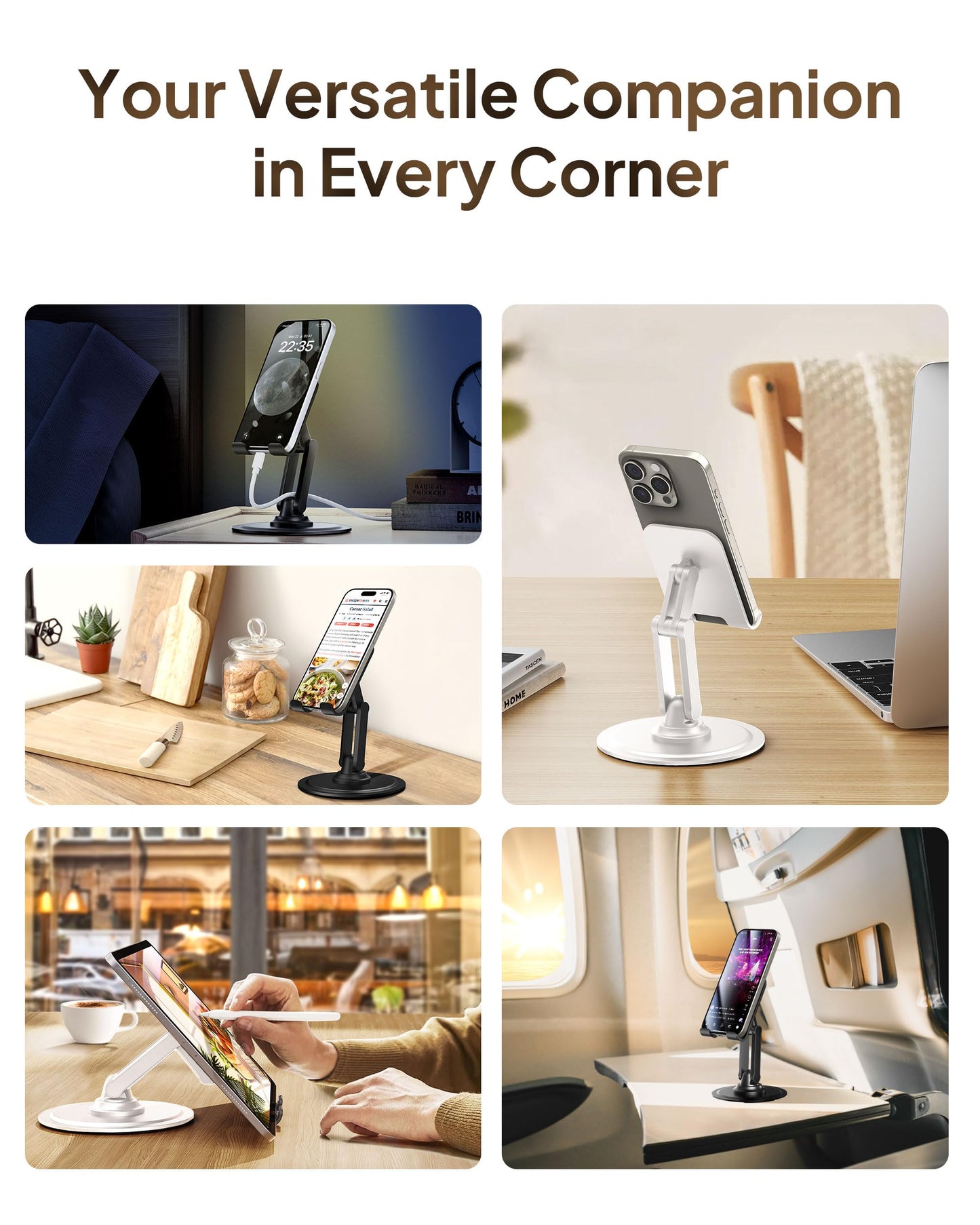 Cooper 360° Stand - Adjustable Mobile Phone Stand for Desk | 360° Click-Rotating Mobile Phone Holder for Desk, Multi-Angle, Non-Slip Metal Base | iPhone Stand Desk, iPhone Holder Filming (Piano Black)