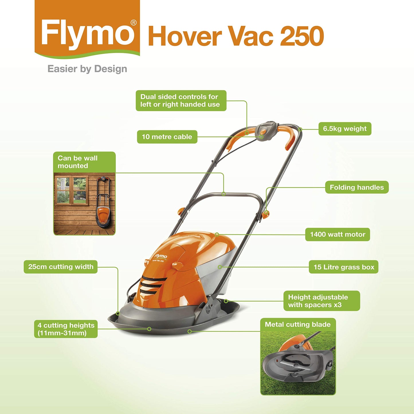 - Flymo Hover Vac 250 Electric Hover Collect Lawn Mower | 1400W | 25cm Cutting Width | 15L Grass Box | Ambidextrous Handles | Folds Flat -