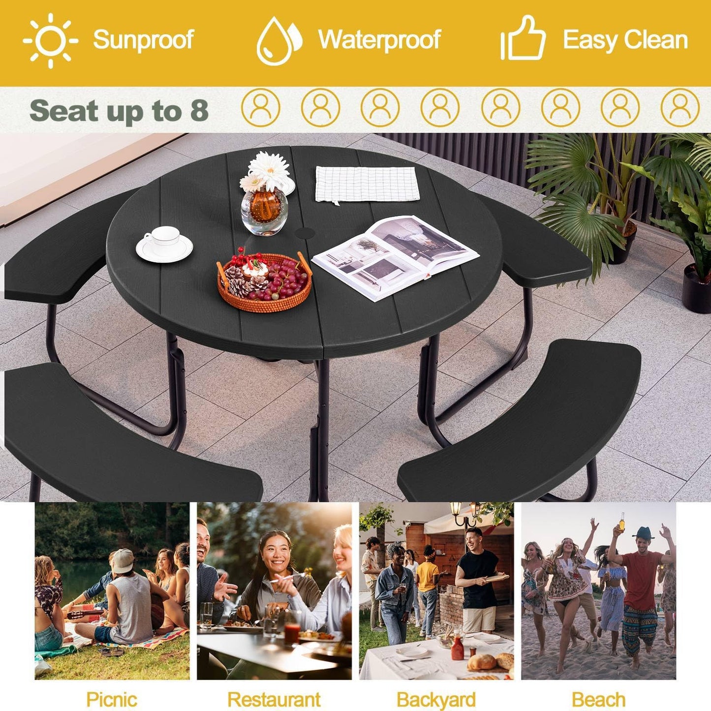 - TANGZON 8 Seater Picnic Table and Bench | Round/Square Camping Table -