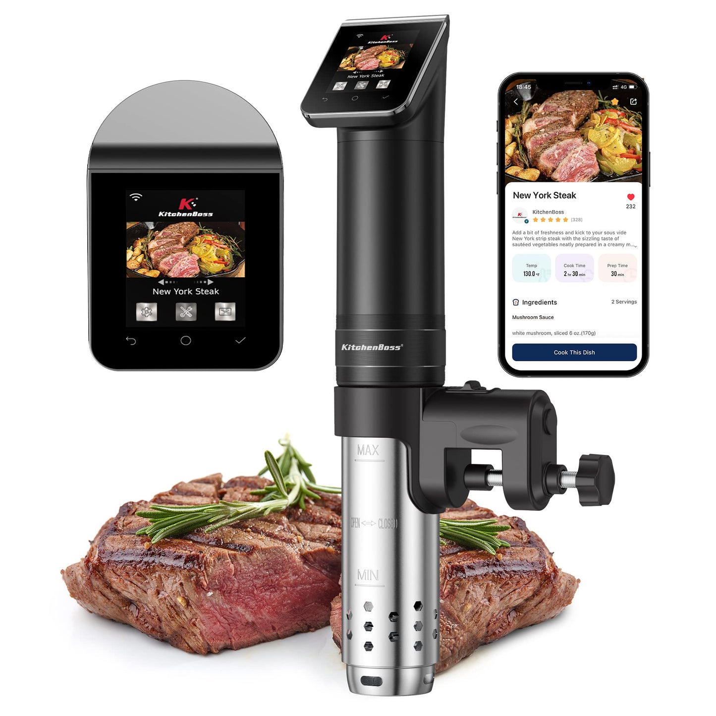 - KitchenBoss Sous Vide Machine WIFI Precision Cooker | 1100 Watts App Temperature Control 40°C-90°C | IPX7 Immersion Circulator -