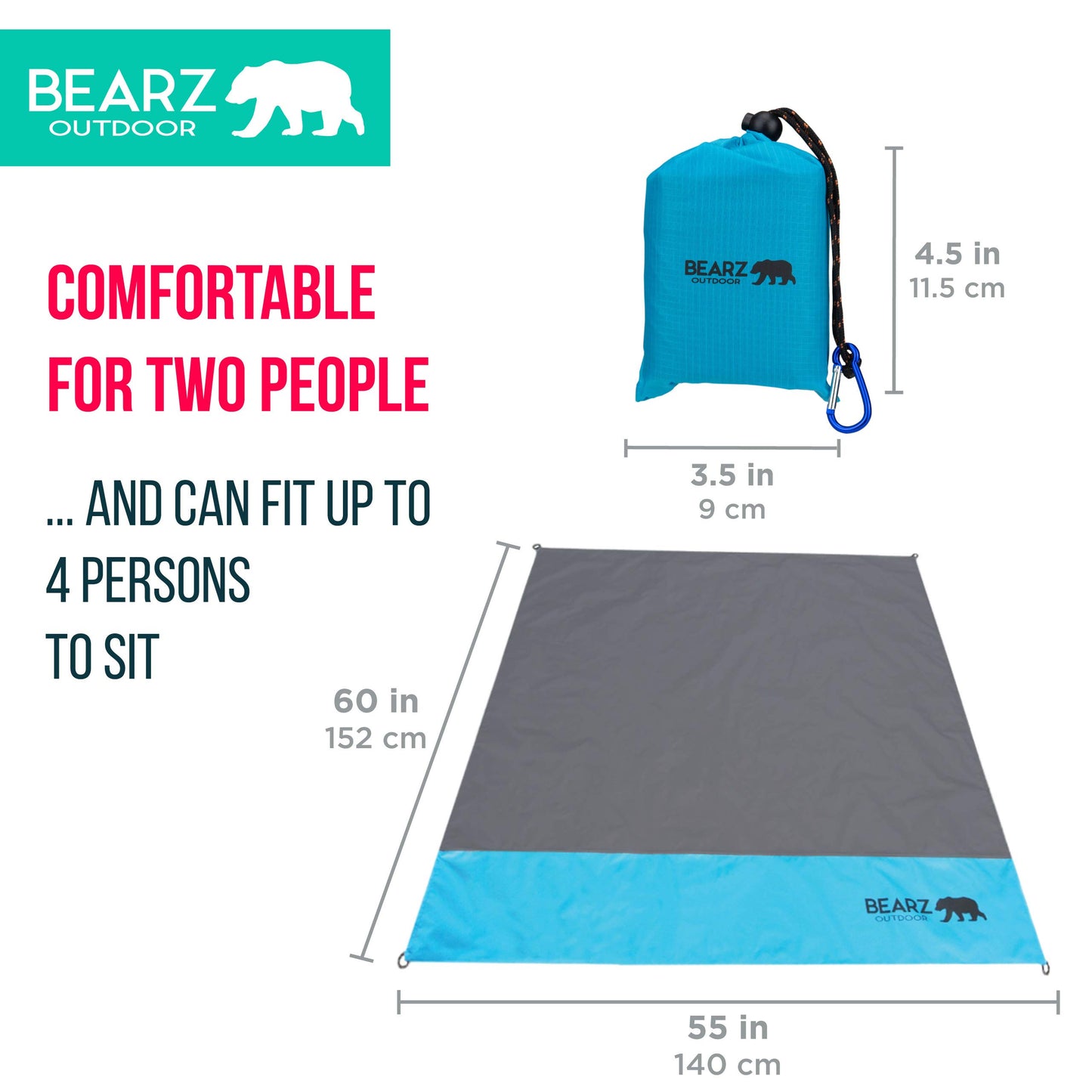 BEARZ Outdoor Travel Blanket - Pocket Sized Beach Blanket Camping Blanket, Waterproof Picnic Blanket, Sandproof Beach Mat - Camping Gadgets & Festival Hiking Accessories (Blue)