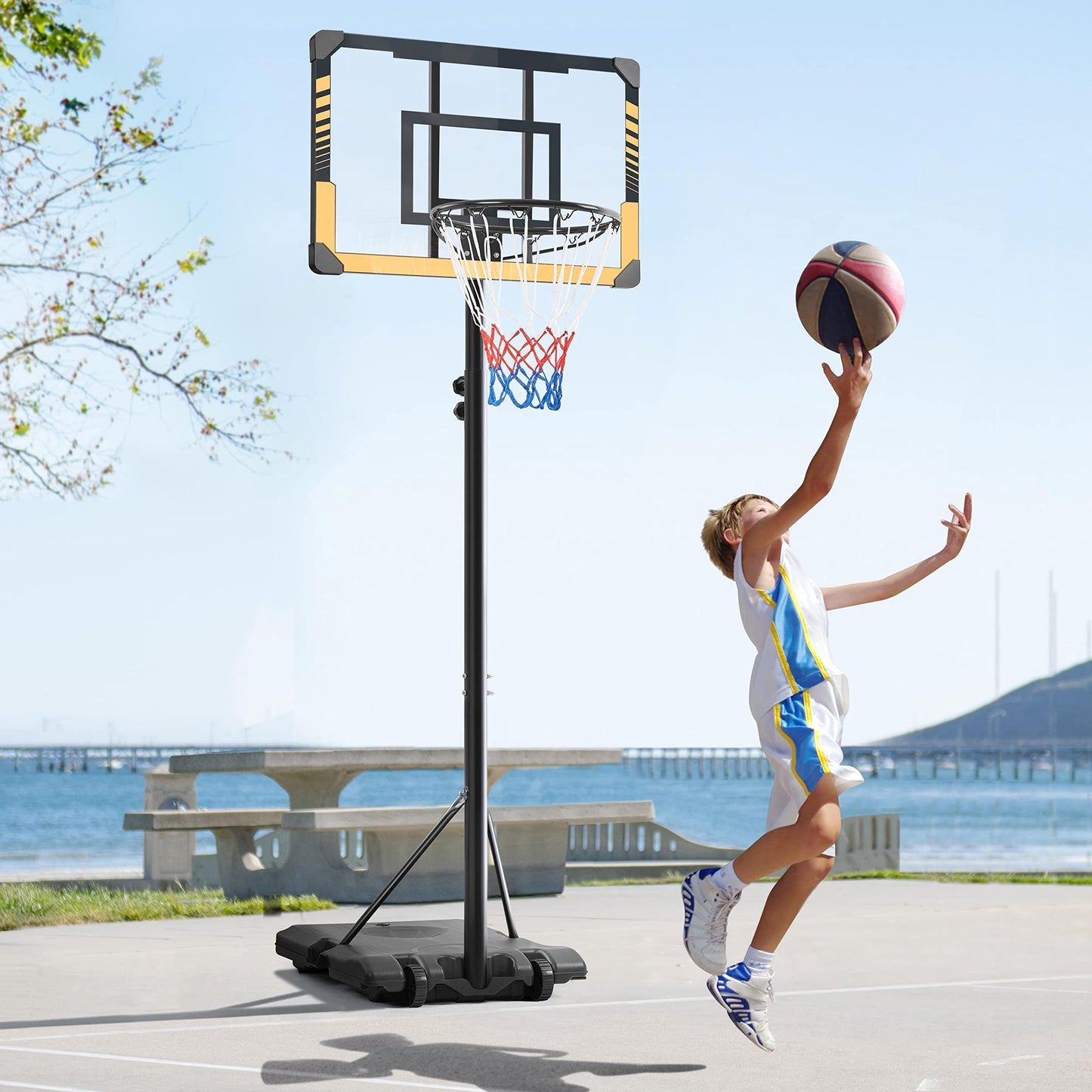 - Yaheetech Height Adjustable Basketball Hoop 7.4ft-8.4ft Portable Basketball Net & Stand.