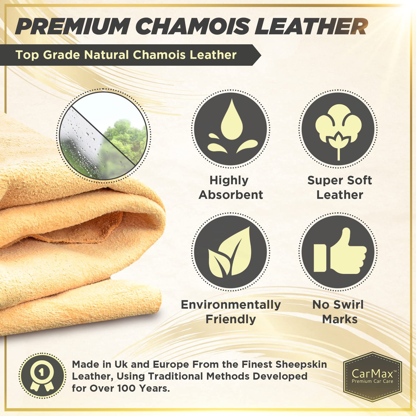CarMax English Premium Grade Professional Natural Chamois Leather - our biggest and best shammy, super soft and highly absorbent, Made in the UK