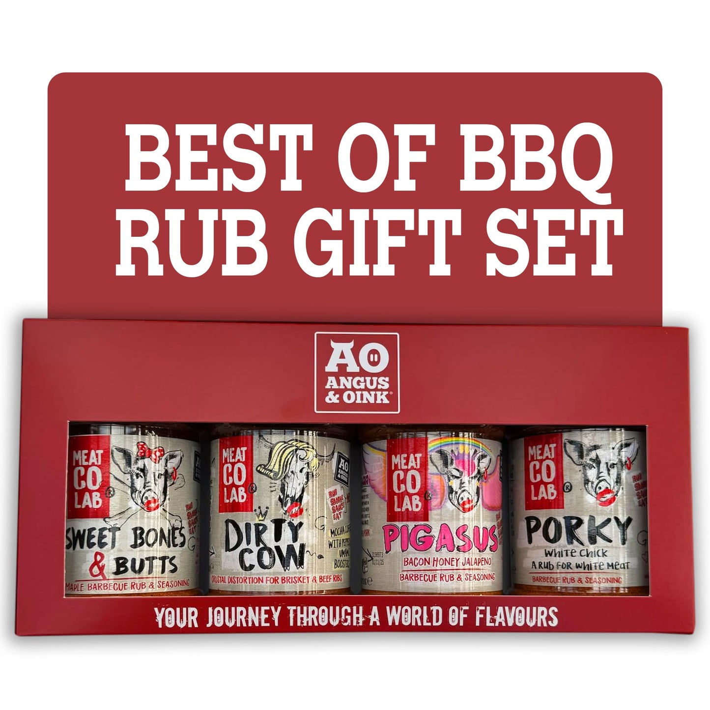 Angus & Oink Gift Set | Best of BBQ Gift Box | BBQ Rubs | 1 x Sweet Bones & Butts 220G | 1 x Dirty Cow Seasoning 220G | 1 x Pigasus 220G | 1 x Porky White Chick 220G | BBQ Lover Gift Set