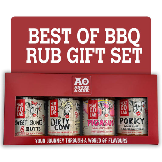 Angus & Oink Gift Set | Best of BBQ Gift Box | BBQ Rubs | 1 x Sweet Bones & Butts 220G | 1 x Dirty Cow Seasoning 220G | 1 x Pigasus 220G | 1 x Porky White Chick 220G | BBQ Lover Gift Set