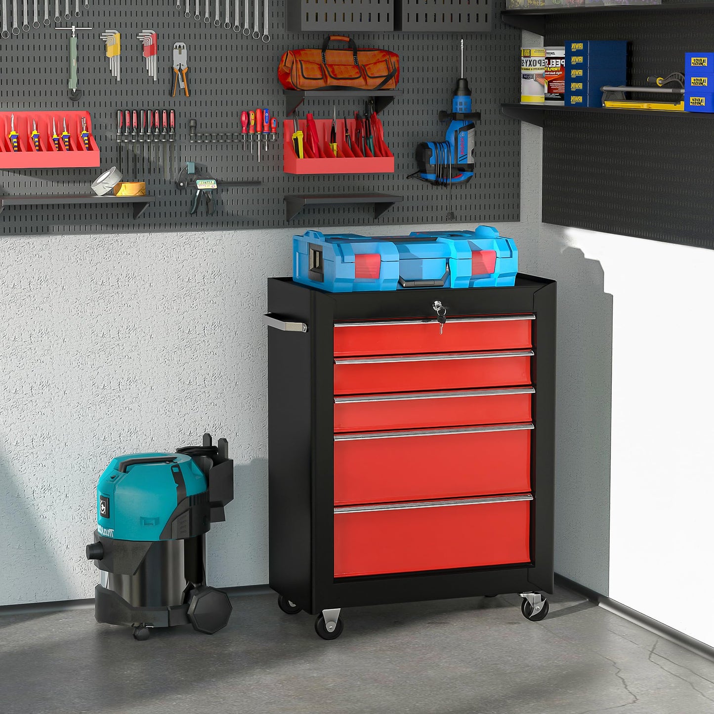 - HOMCOM 5-Drawer Lockable Steel Tool Storage Cabinet | Wheels | Handle 2 Keys | Organisation Box -