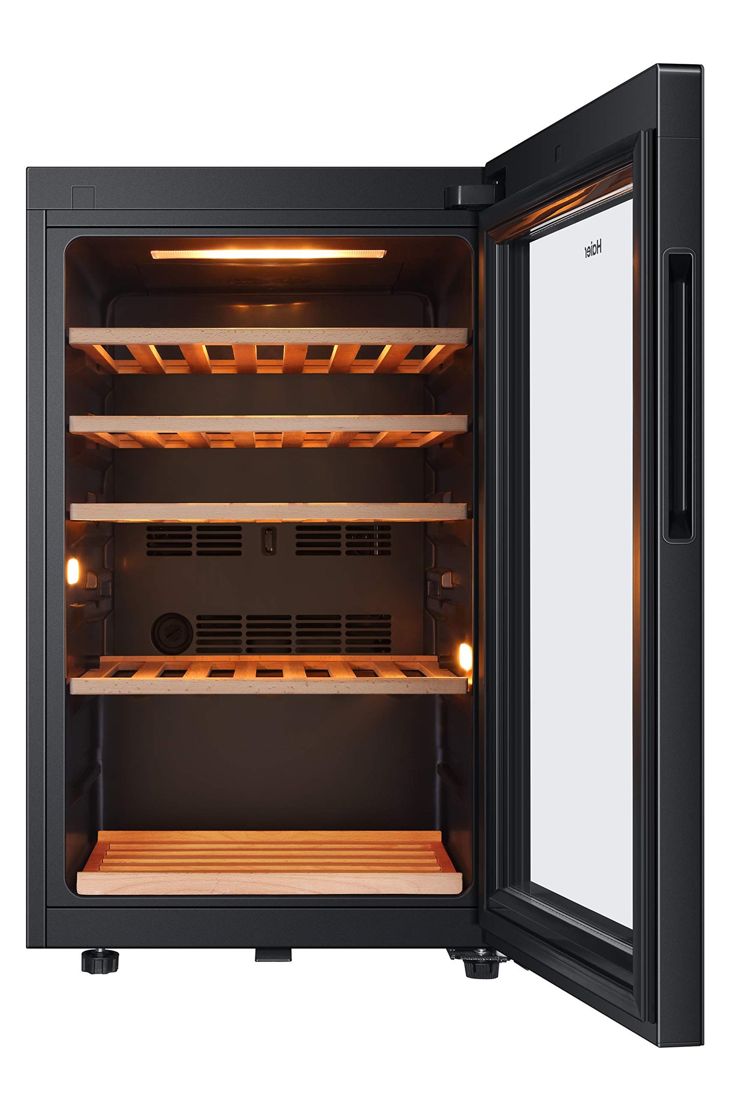 - Haier HWS49GA Freestanding Wine Cooler | Single Zone 49 Bottle Single Zone Temperature | 49 Bottle Storage | Anti-UV Glass Door | Anti-Vibration Shelves | 49.7cm wide -