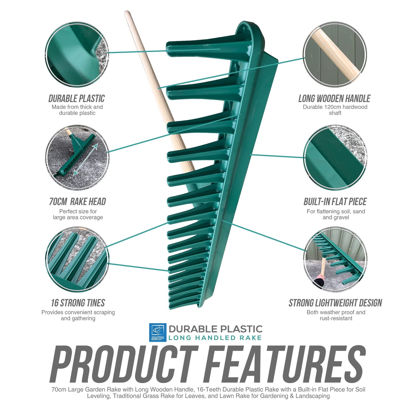 70cm Large Garden Rake with Long Wooden Handle, 16-Teeth Durable Plastic Rake with a Built-in Flat Piece for Soil Leveling, Traditional Grass Rake for Leaves, and Lawn Rake for Gardening & Landscaping