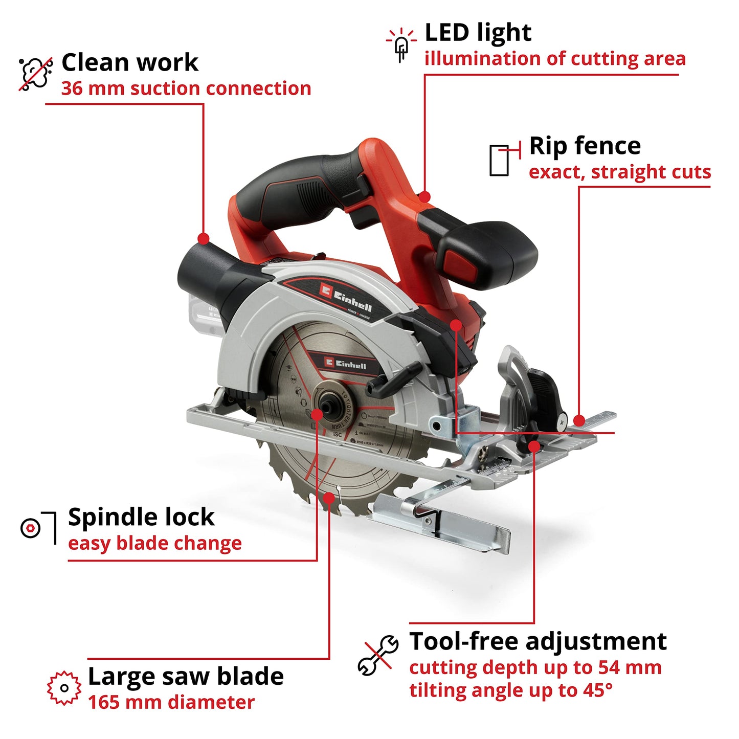 - Einhell Power X-Change 165mm Cordless Circular Saw | 18V Rotary Wood Saw | Tool-Free Adjustment | LED | Dust Extraction | TE-CS 18/165-1 Li Solo Electric Saw | (Battery Not Included) -