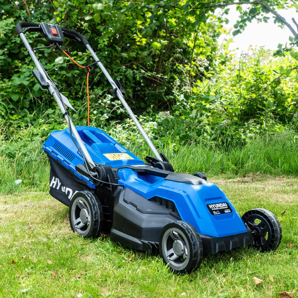 - Hyundai HYM3800E 1600W 230V Corded Electric Rotary Lawnmower with Rear Roller | 38cm Cutting Width | Mulching |30L Grass Box | 5 Cutting Heights | 10M Power Cable -