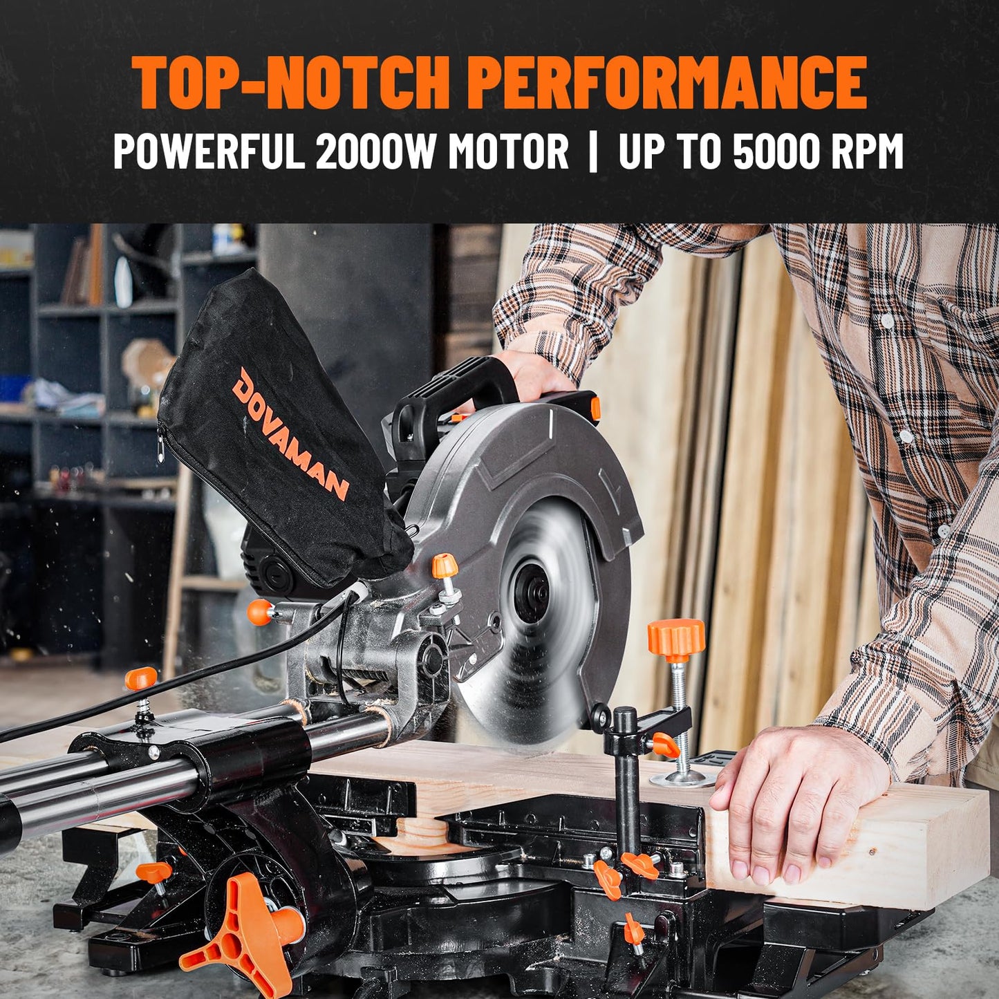 - DOVAMAN 340mm Sliding Mitre Saw | 255mm Multi-Material Cutting w/ 3 x TCT Blades | Dual-Handed Operation | 45° Bevel Cutting w/Laser | 5000/3200RPM | 2000W Power Mitre Saw -