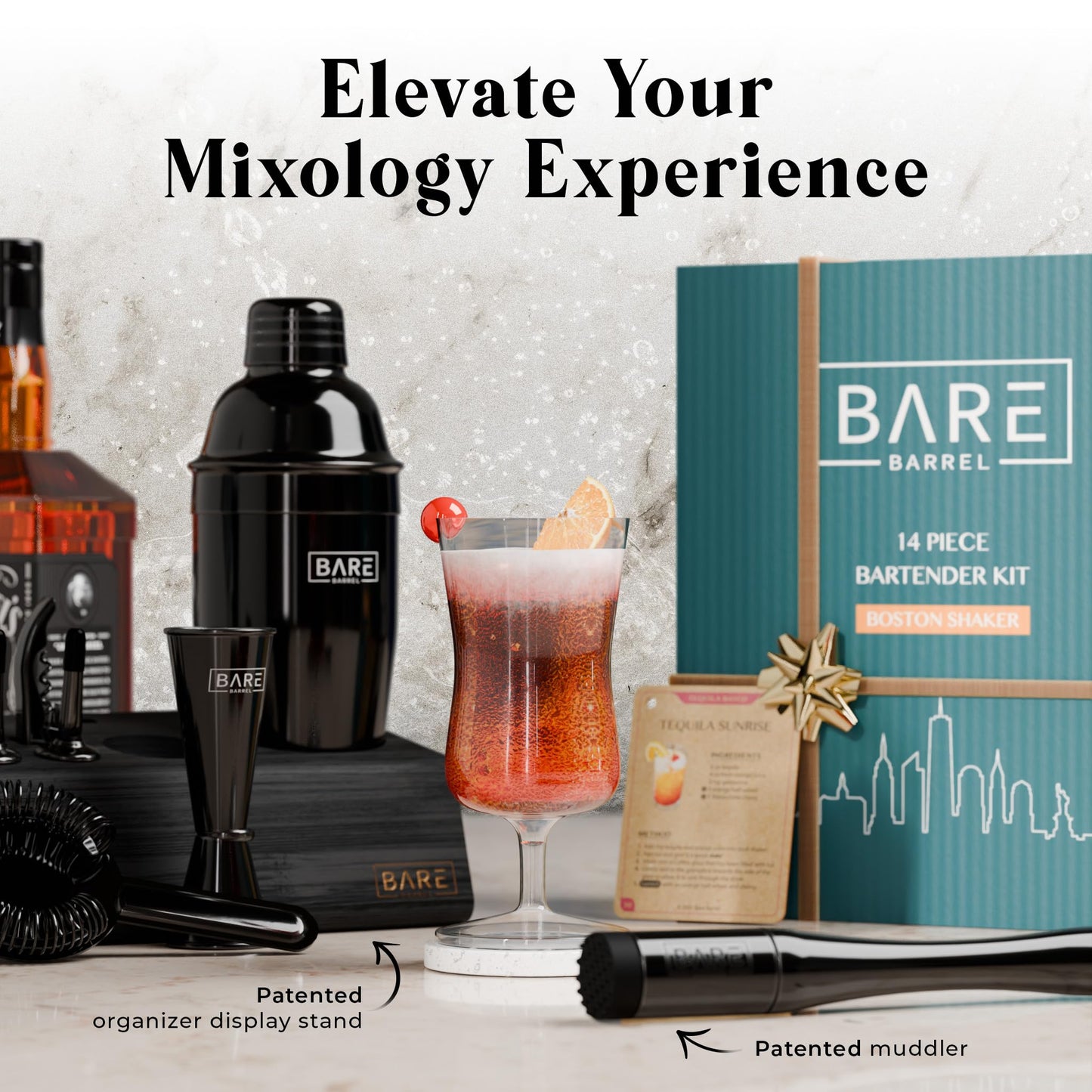 BARE BARREL® Cocktail Making Kit | 14-Piece Bartender Kit Cocktail Shaker Set Maker | Bamboo Display Stand & 35 Recipe Cards | Mixology Cocktail Gift Set (675ml/24oz Cobbler Shaker, Jet Black)