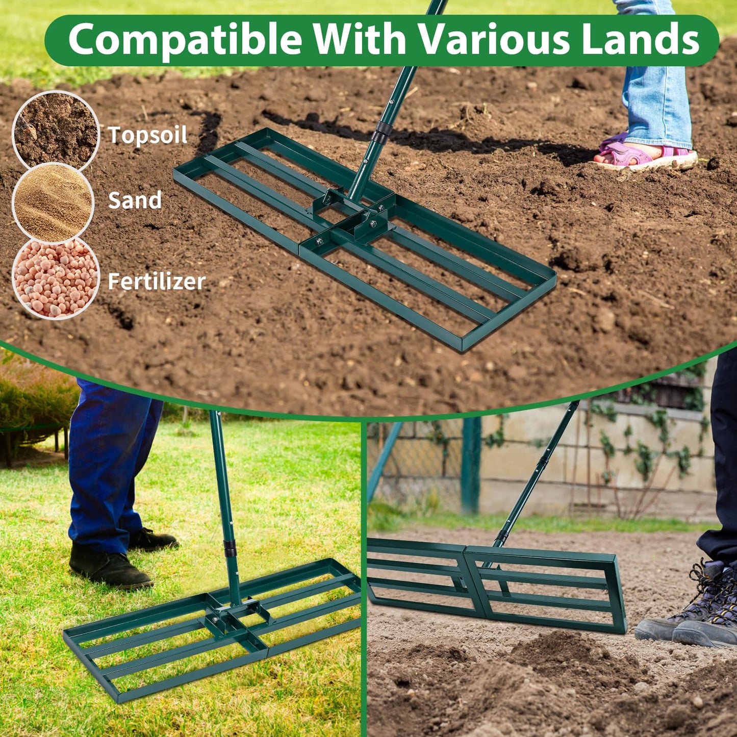 - Signstek Lawn Leveling Rake | Stainless Steel Lawn Leveler | 30” x 10” Ground Plate -