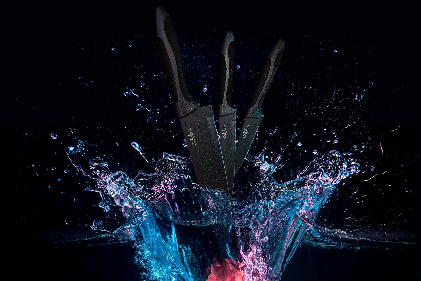 Craverix Professional Kitchen Knife Set - All Purpose 3PCS Black Kitchen Knives (Chef, Utility & Pairing) with Covers - Sharp Stainless Steel Non-Stick Blades with TPR Handles for Easy Grip