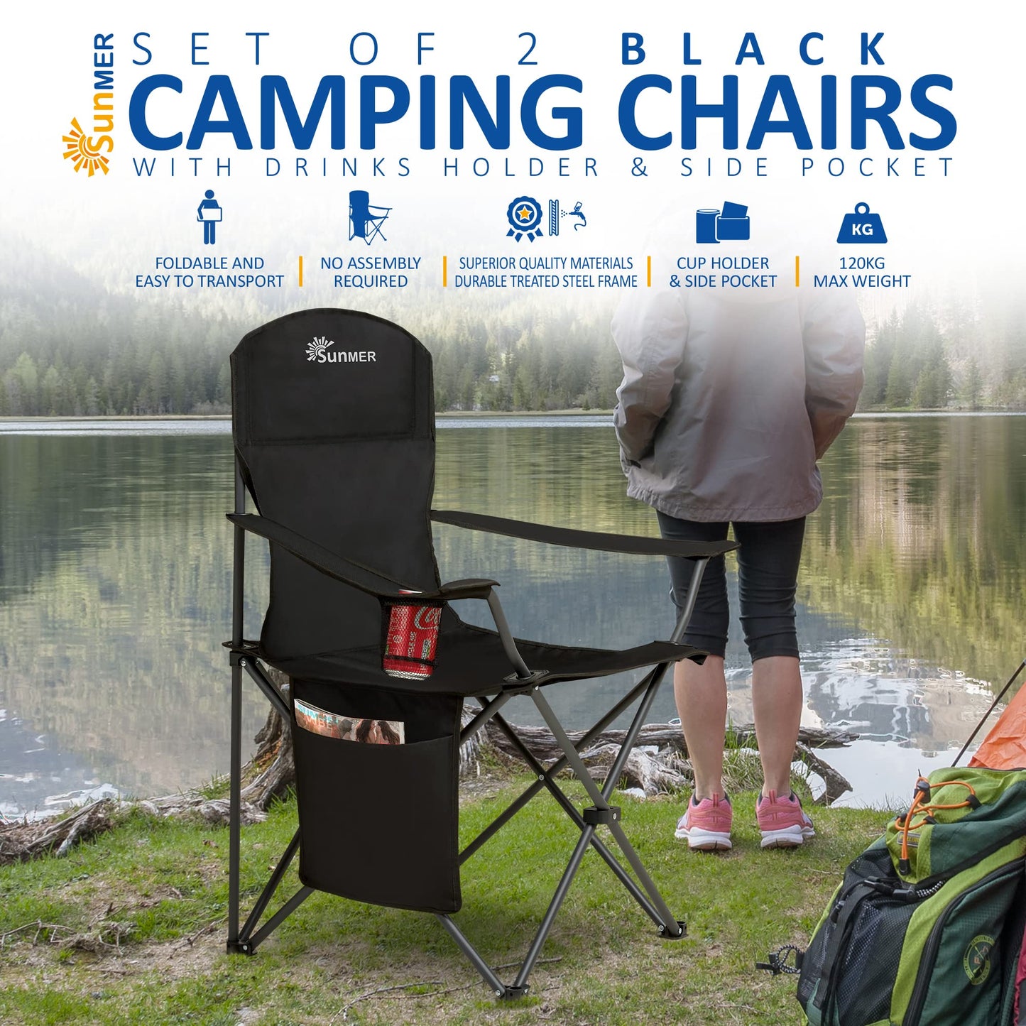 - SUNMER Set of 2 Folding Camping Chairs | Extra-Wide Lightweight Outdoor Chairs -