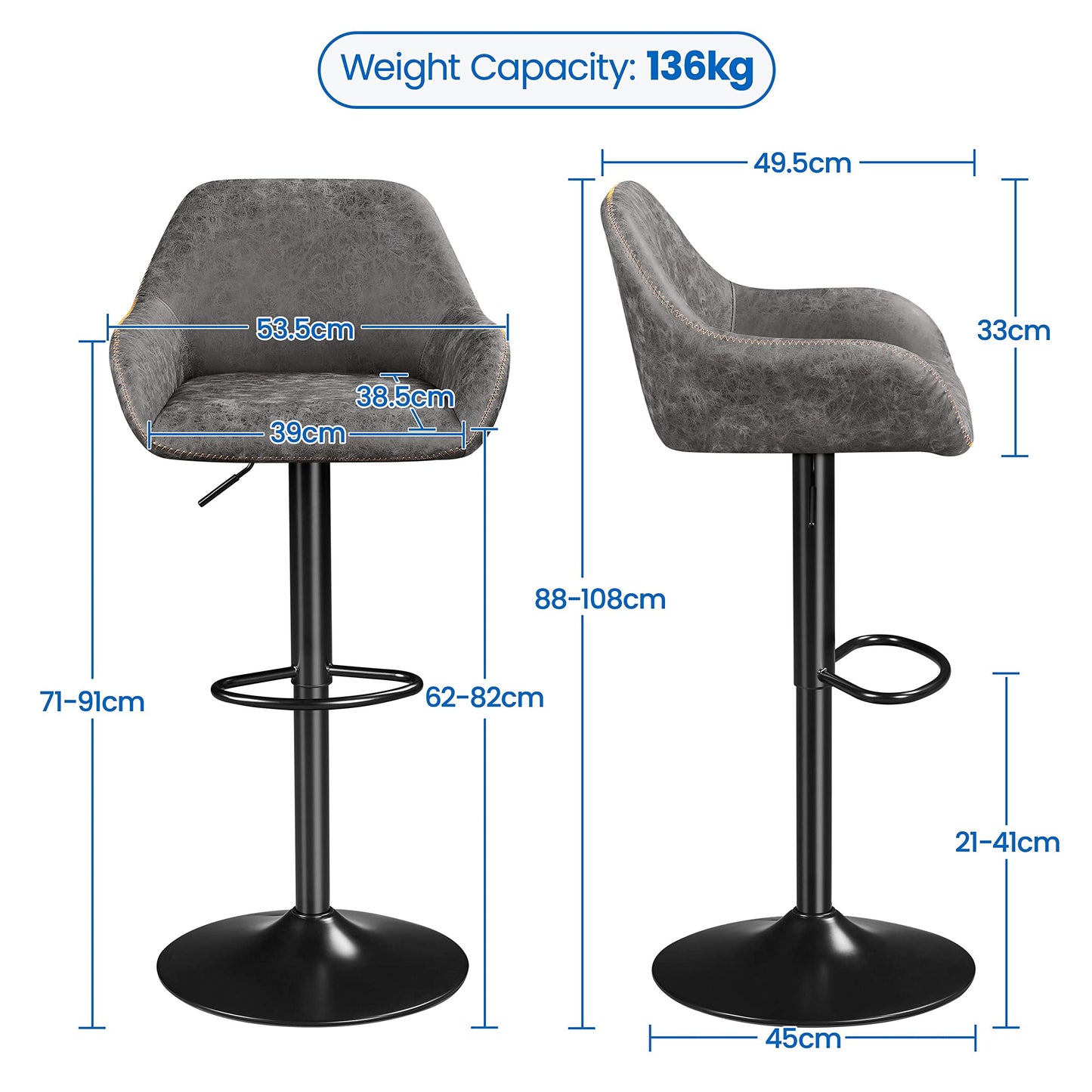 - Yaheetech Set of 2 Bar Stools Height Adjustable Swivel Barstools PU Leather Upholstered Bar Chair