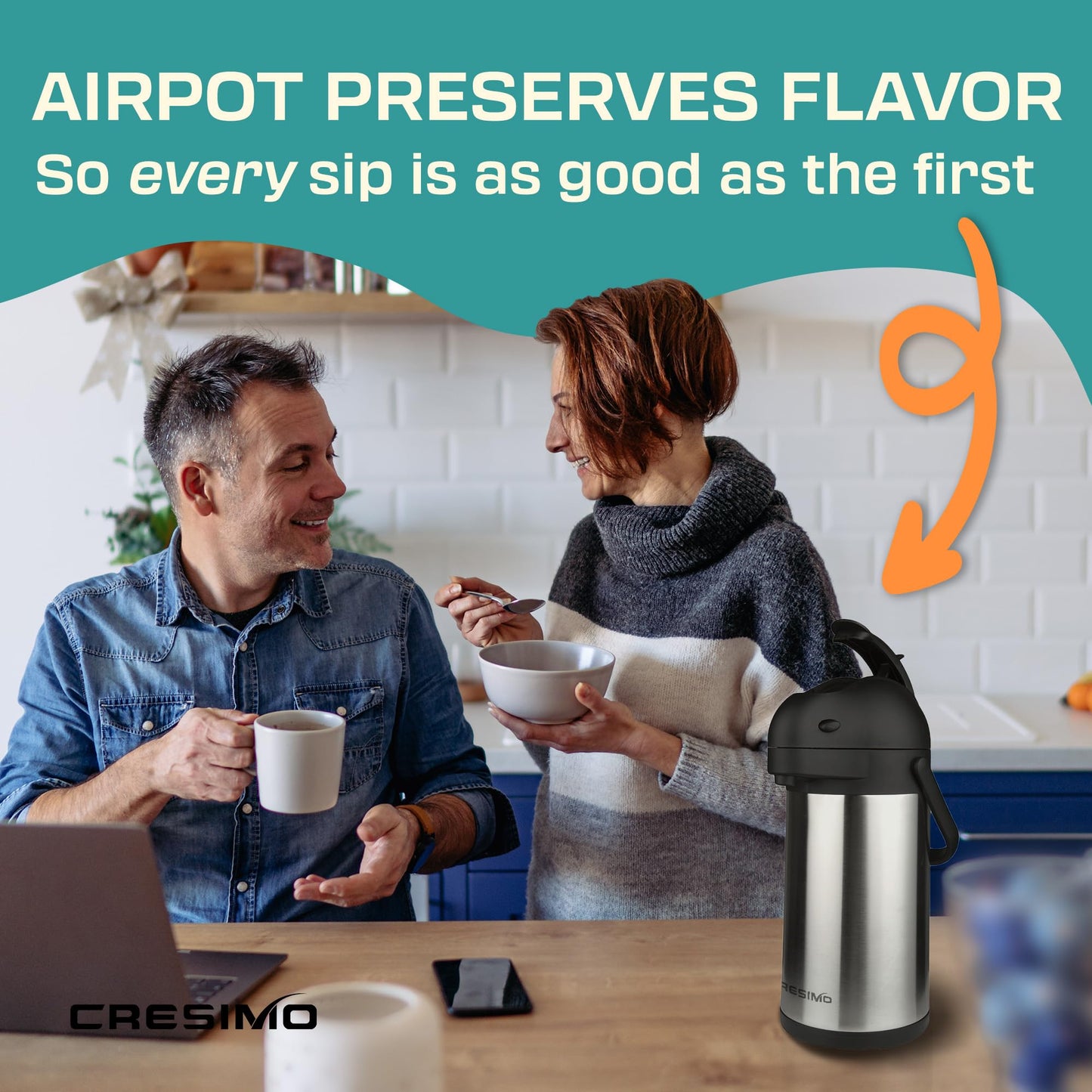 2.2L Coffee Carafe Hot Water Flask | Stainless Steel Pump Tea Flasks for Hot Drinks to Keep Drinks 12 Hours Hot / 24 Hours Cold | Insulated Tea Dispenser, Lab Tested Thermal Teapot - Cresimo