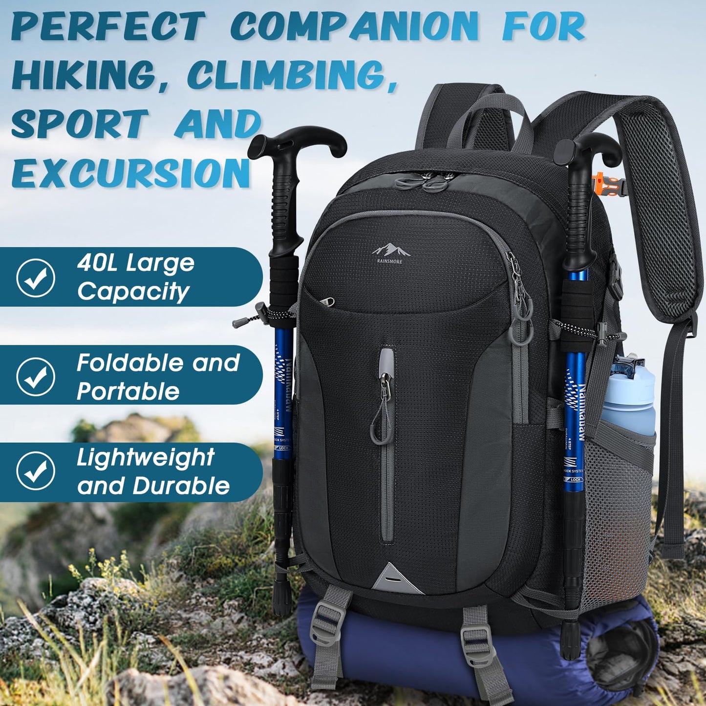 - RAINSMORE Hiking Backpack | 40L Lightweight Foldable Rucksack -