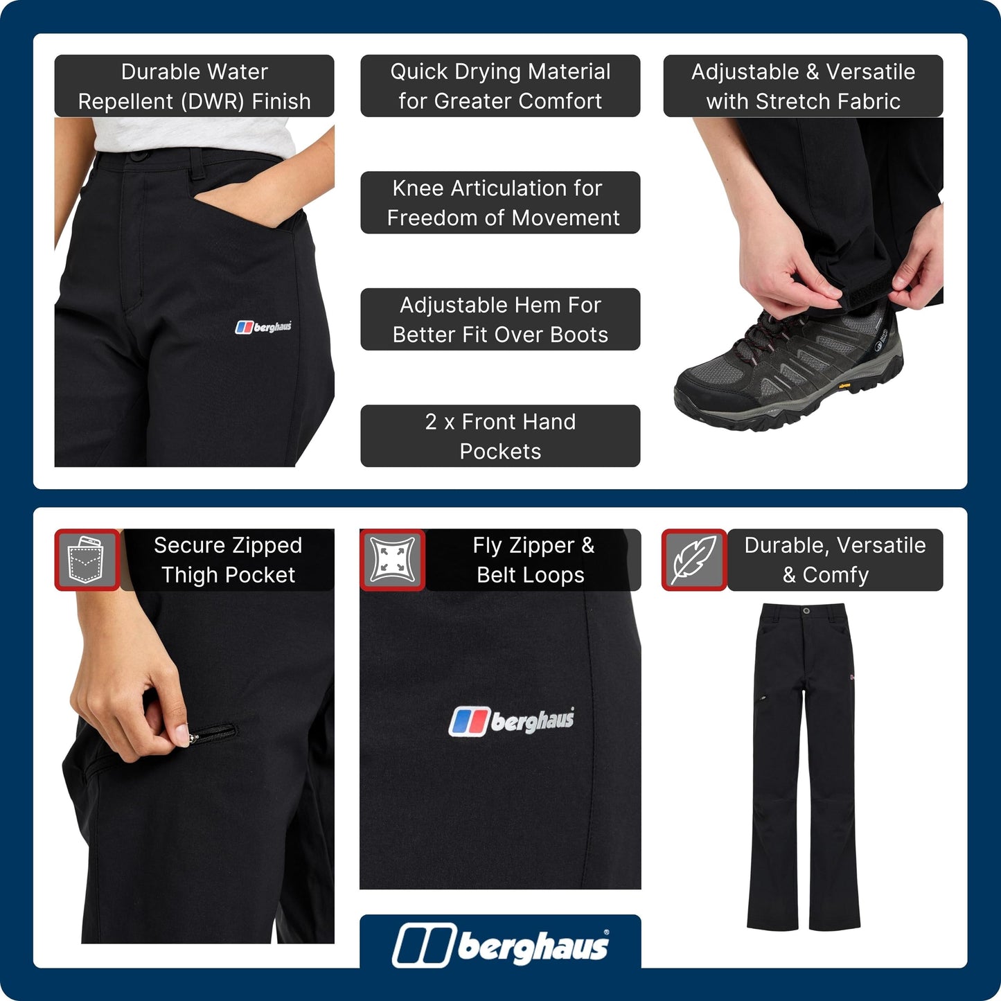 Berghaus Kids' Water Repellent Walking Trousers, Kids' Hiking Trousers, Outdoors Clothing, Black, Age 11-12