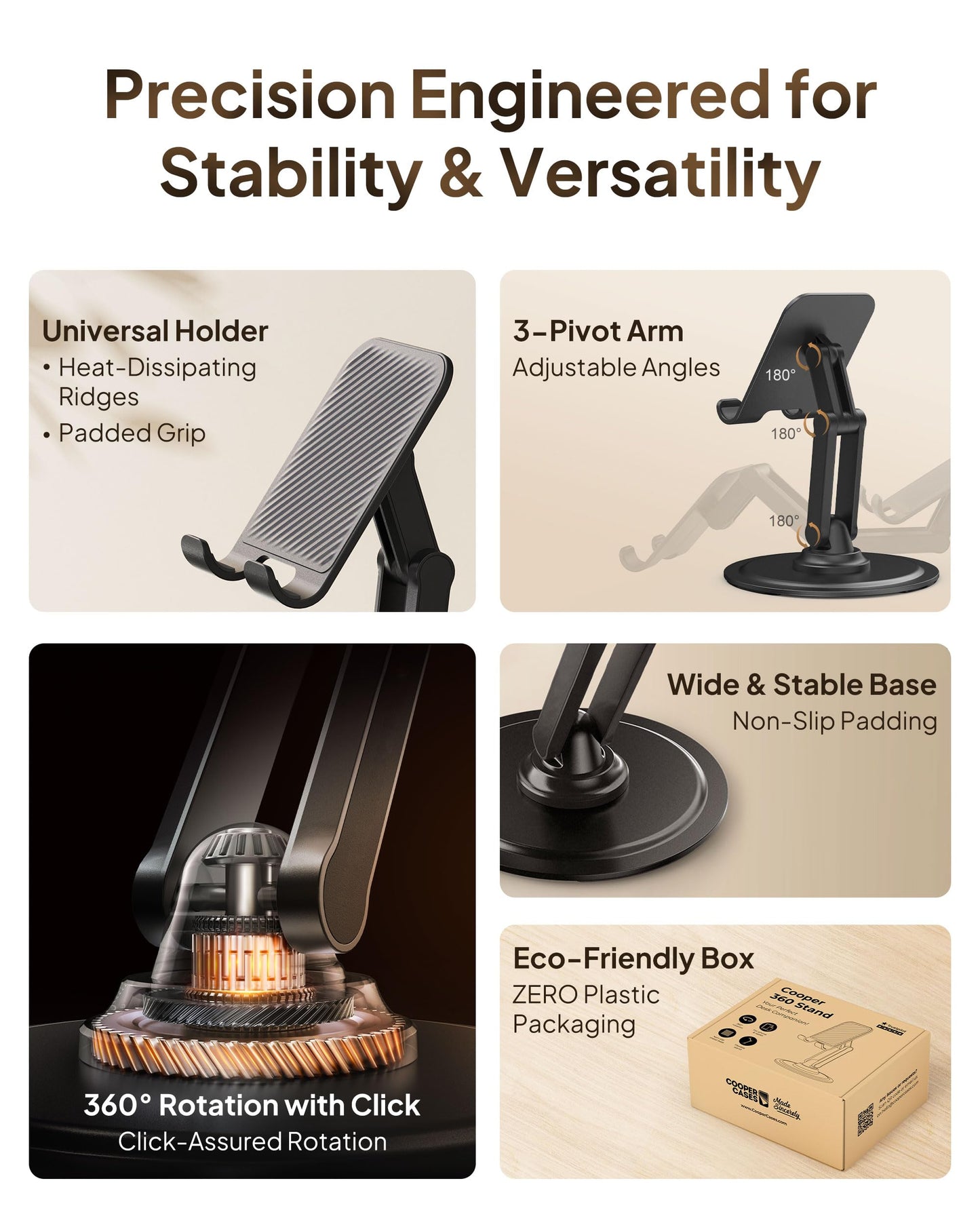 Cooper 360° Stand - Adjustable Mobile Phone Stand for Desk | 360° Click-Rotating Mobile Phone Holder for Desk, Multi-Angle, Non-Slip Metal Base | iPhone Stand Desk, iPhone Holder Filming (Piano Black)