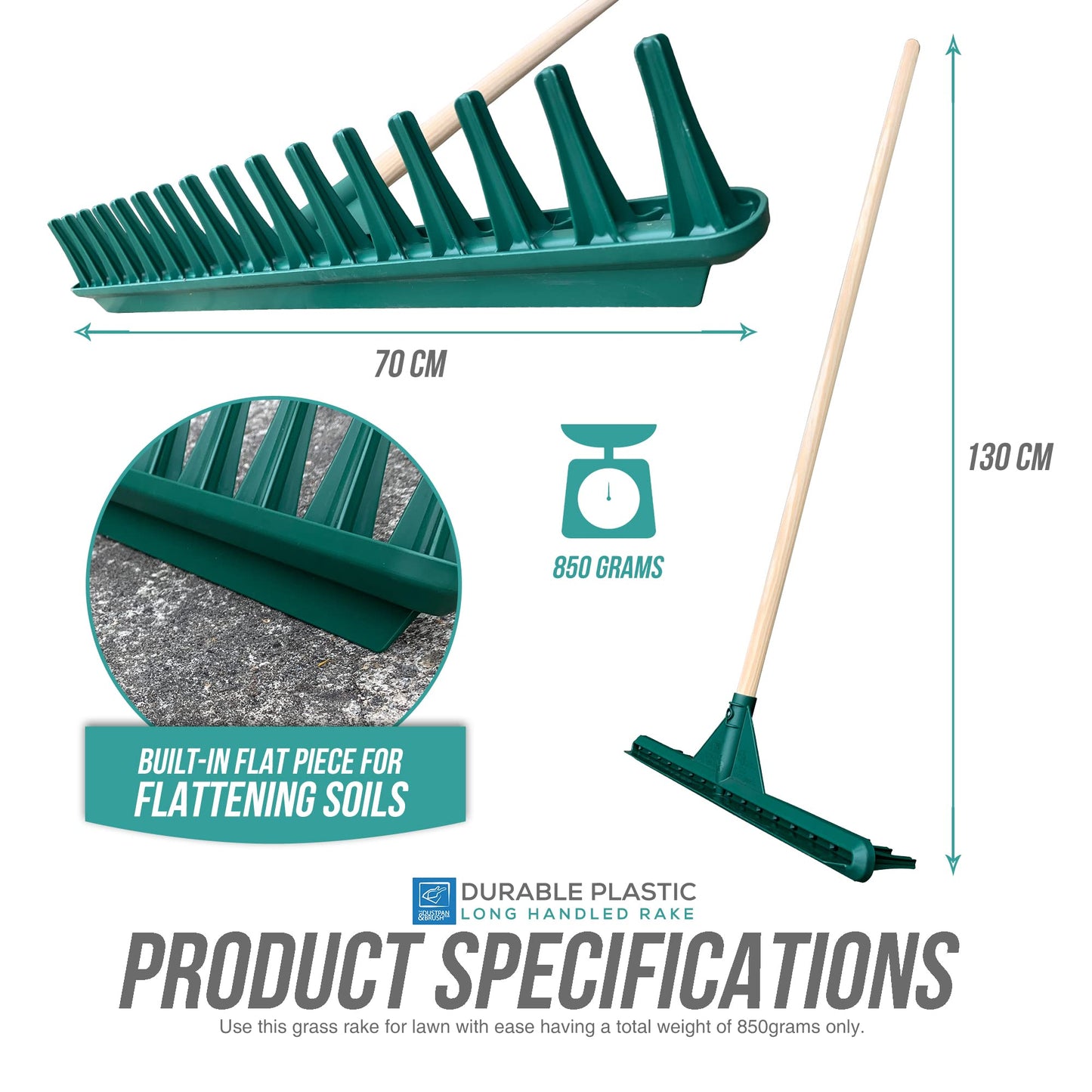 70cm Large Garden Rake with Long Wooden Handle, 16-Teeth Durable Plastic Rake with a Built-in Flat Piece for Soil Leveling, Traditional Grass Rake for Leaves, and Lawn Rake for Gardening & Landscaping