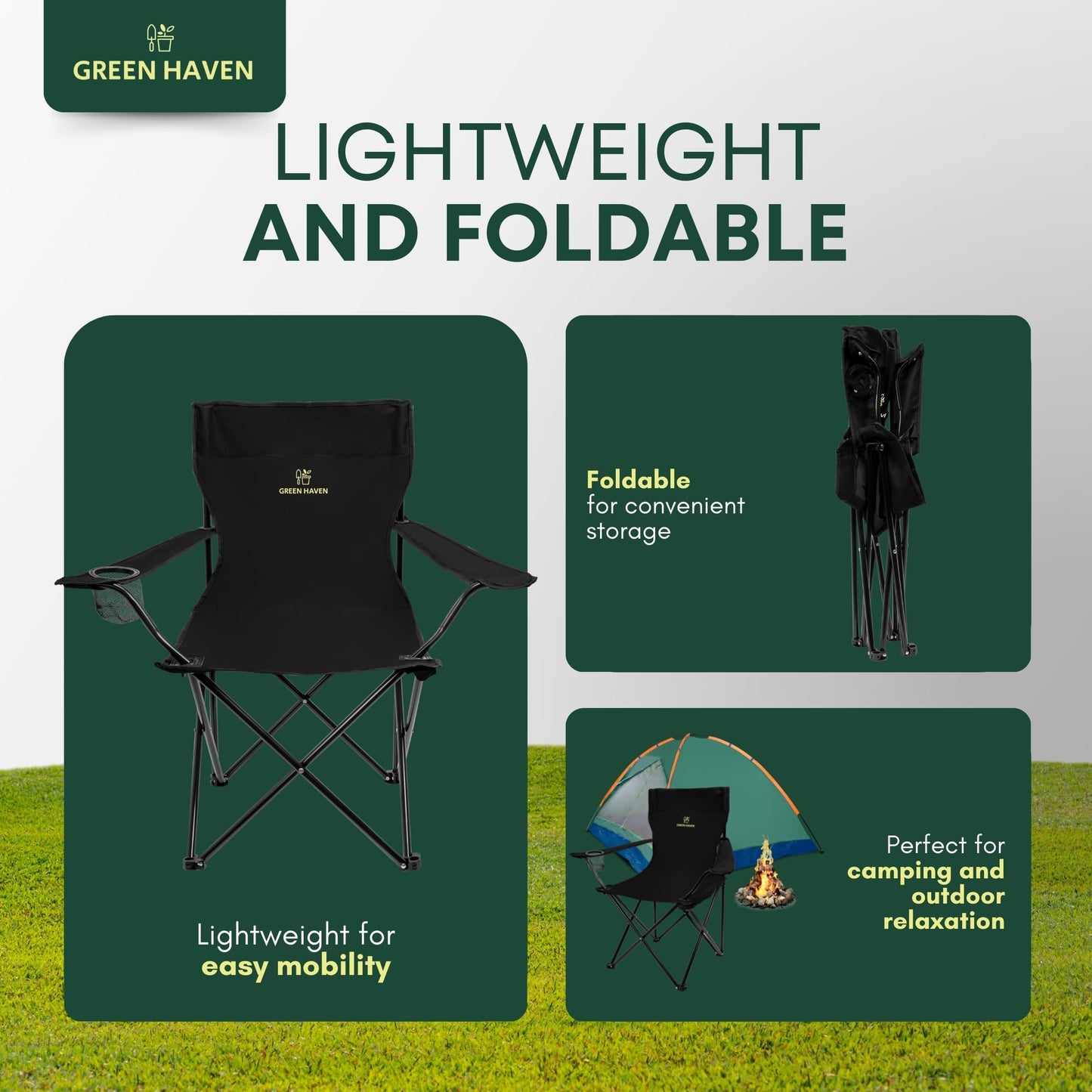 - Green Haven Camping Folding Chair | Black Lightweight Chair | 600D Polyester & Rip Stop | Heavy Duty Steel Frame Arm Chair with Cup Holder | Portable Chair for Outdoor & Camping -