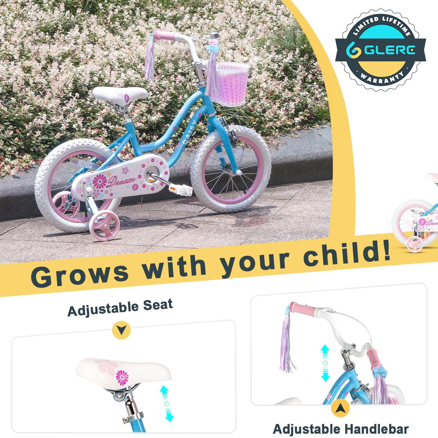 - Glerc Daisy Kids Bike | 14 Inch Girls Bike | 3 4 5 Years Old | Streamers, Basket,Stabilisers and Bell -