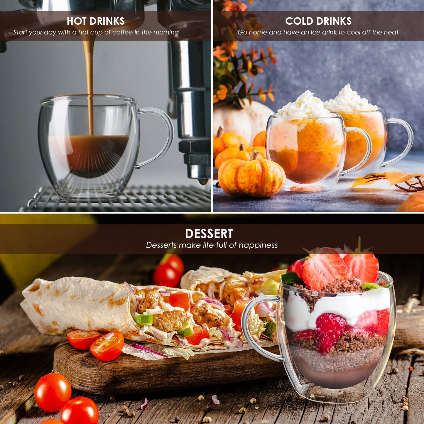 - Set of 4 Double Walled Glass Mug Set | Double Walled Insulated Drinking Glass | Coffee Mugs with Handle -