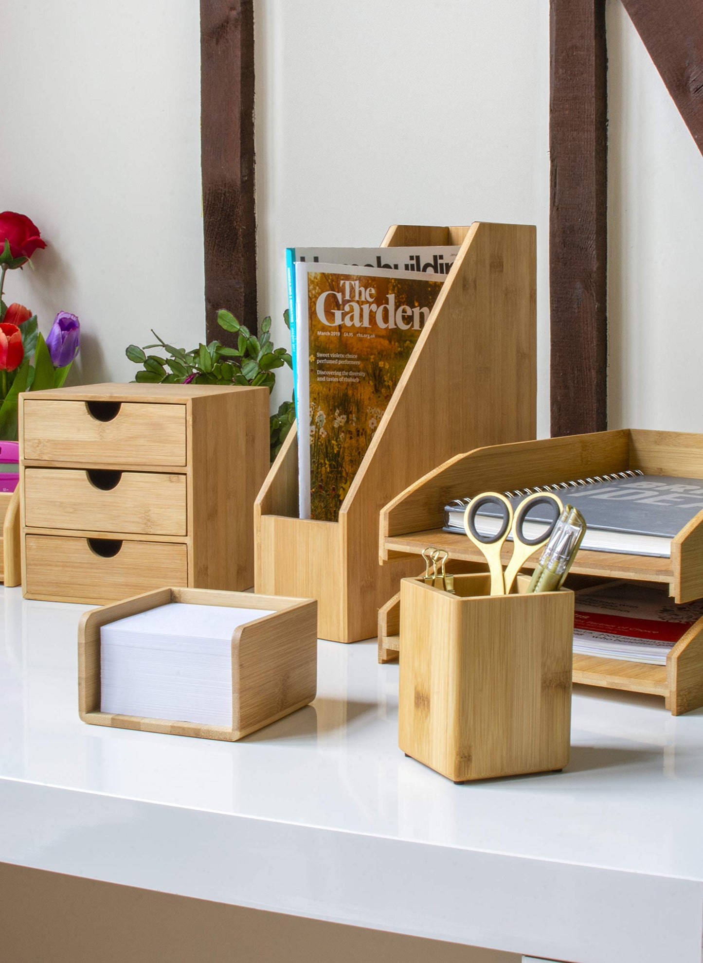 - OSCO Bamboo Square Pen Pot | Wood Pencil Holder | Desk Tidy | Office Organiser -