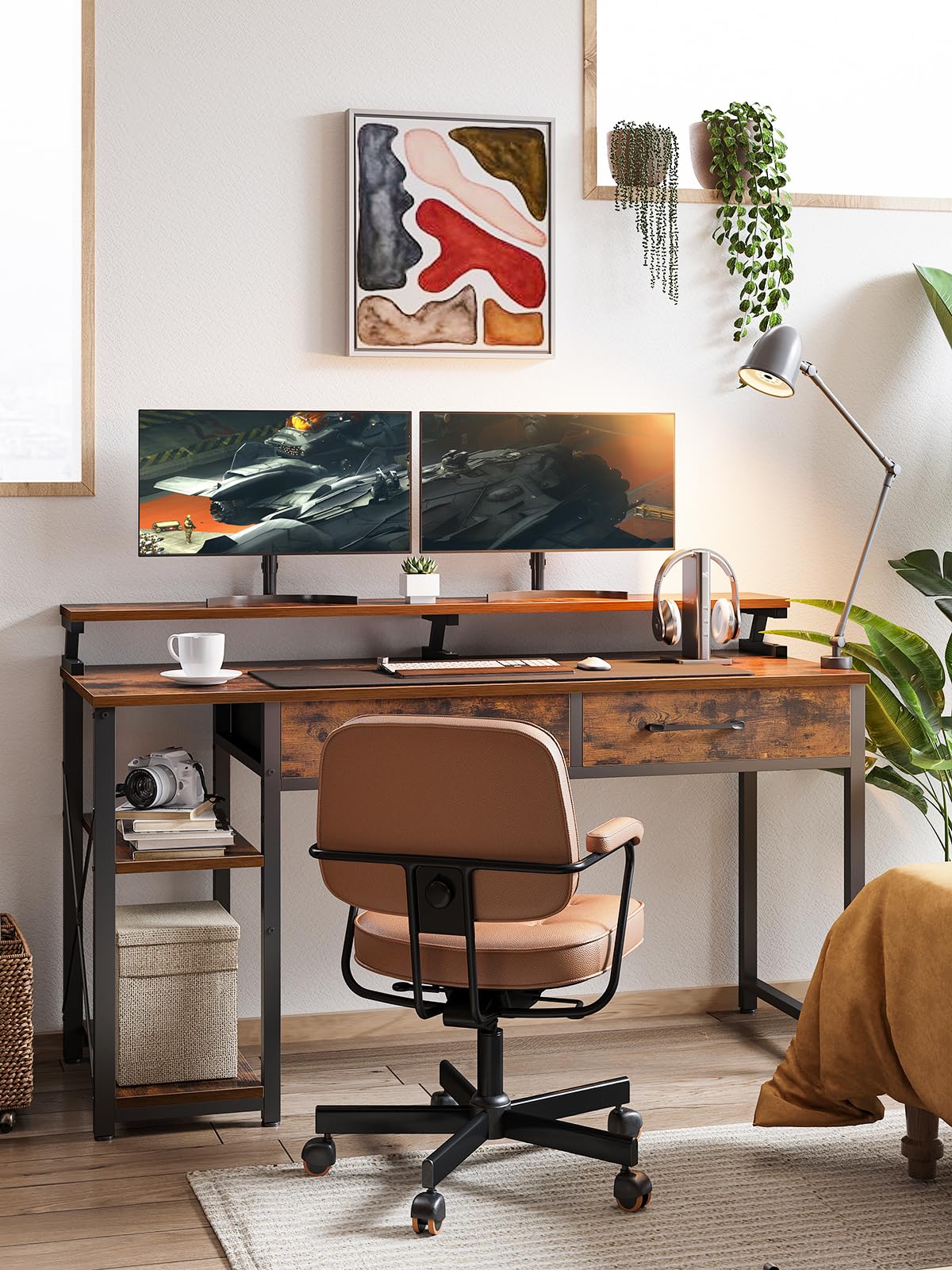 - ODK Computer Desk with Drawers | 48 Inch Office Desk | Storage & Shelves -