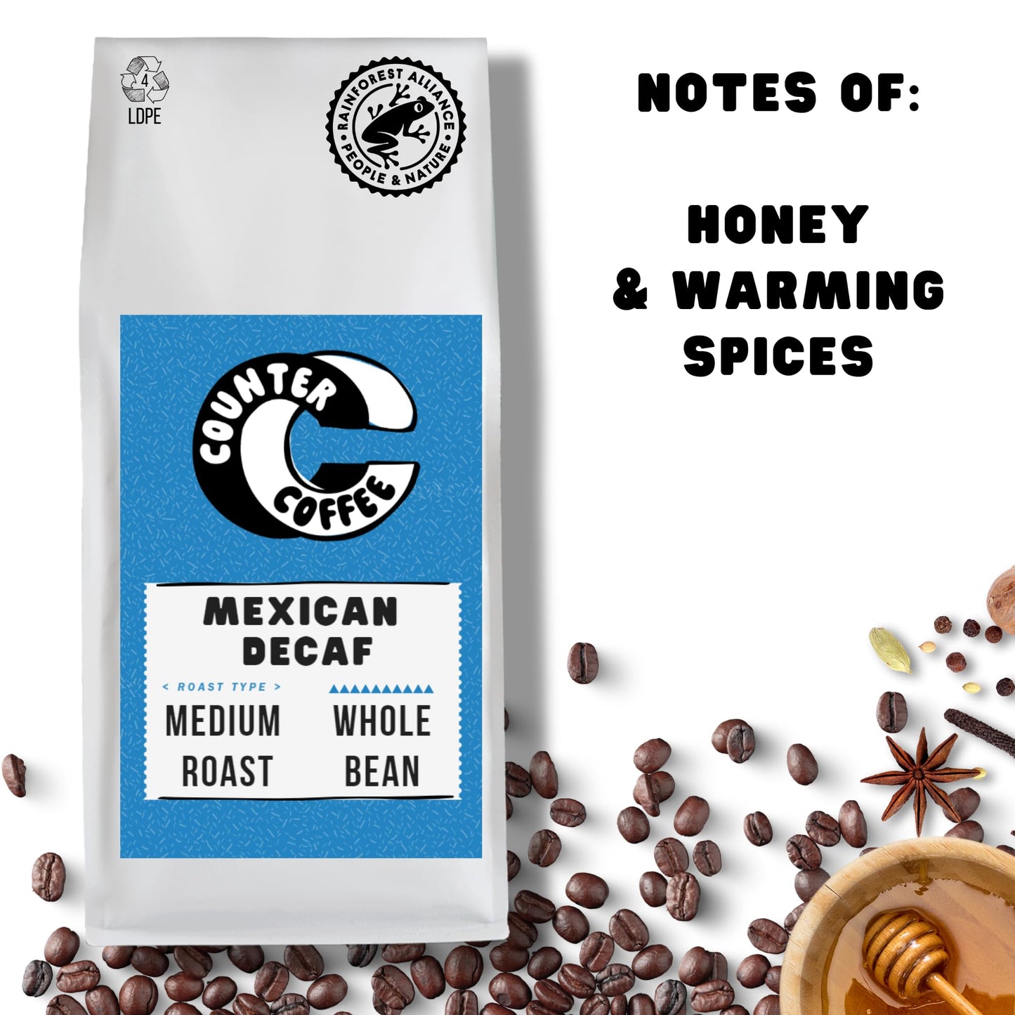 Counter Coffee | Mexican Decaf Whole Beans | Chemical-Free Decaffeinated | 100% Arabica Beans Medium Roasted | Rainforest Alliance Certified | Perfect for Afternoons | 1KG Whole Bean