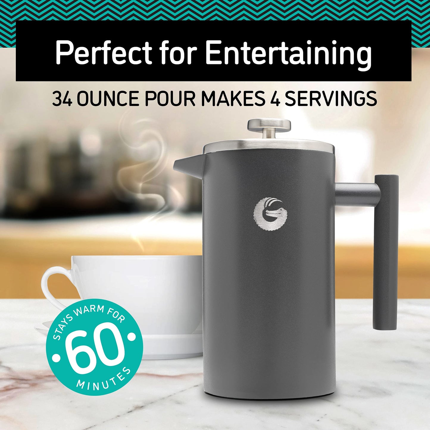 Coffee Gator Cafetiere - 1 Litre French Press Coffee Maker - Large Capacity, Double-Wall Insulated Stainless Steel Brewer - Hotter for Longer – Grey