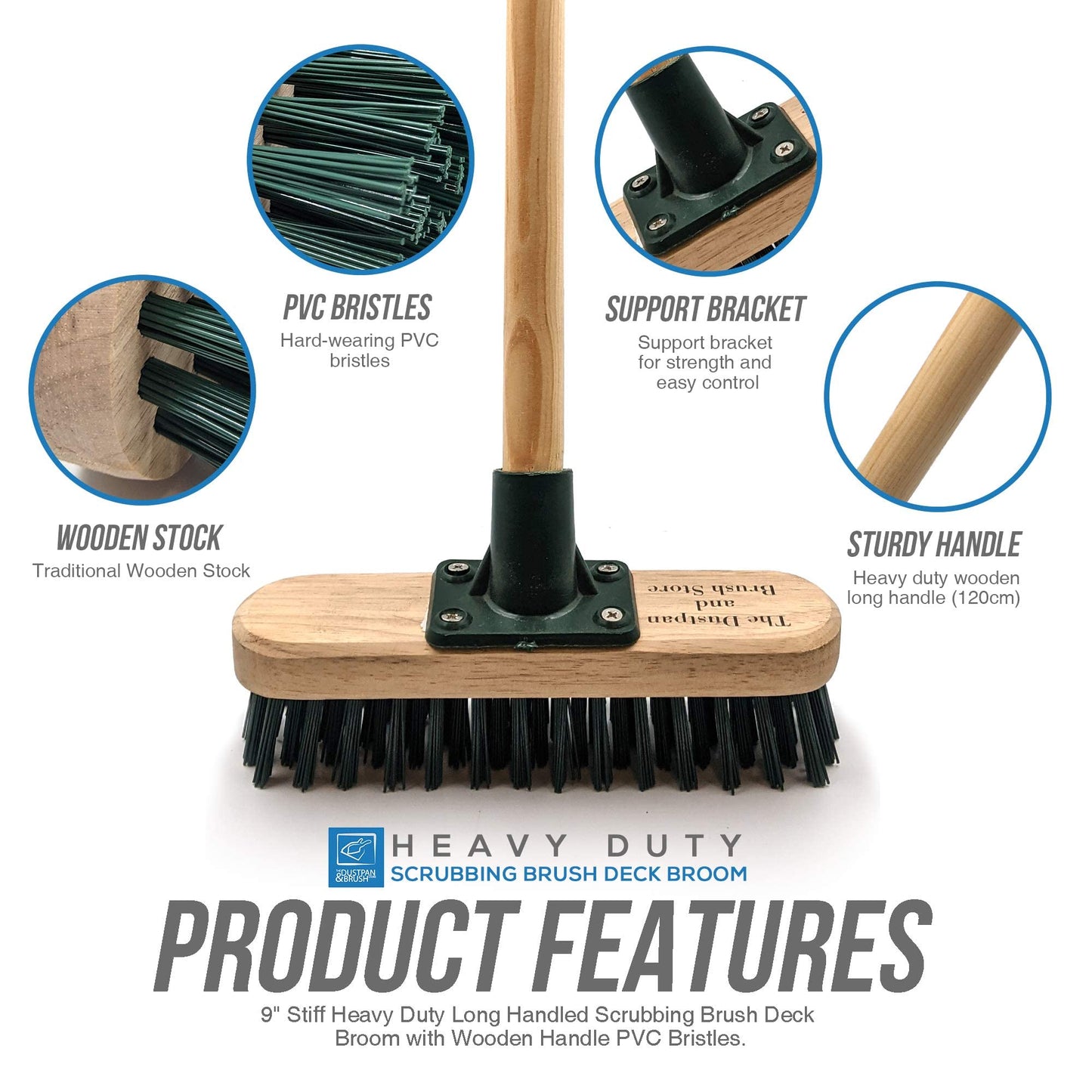 9" Stiff Heavy Duty Long Handled Scrubbing Brush Deck Broom with Wooden Handle PVC Bristles