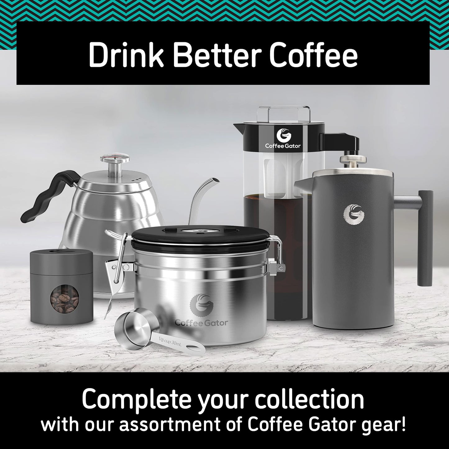 Coffee Gator Cafetiere - 1 Litre French Press Coffee Maker - Large Capacity, Double-Wall Insulated Stainless Steel Brewer - Hotter for Longer – Grey