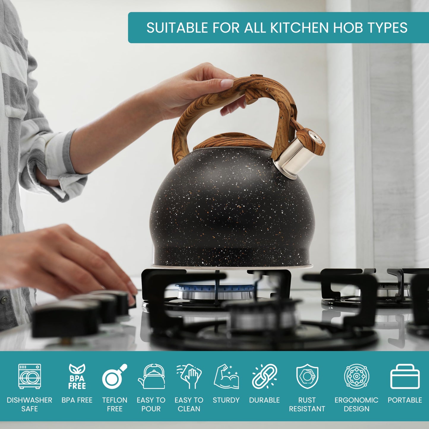 Belle Vous Black Texture Whistling Tea Kettle - 3L Tea Pot for Stovetop/Induction Hob - Stainless Steel Hot Water Camping Kettle Teapot for Tea/Coffee