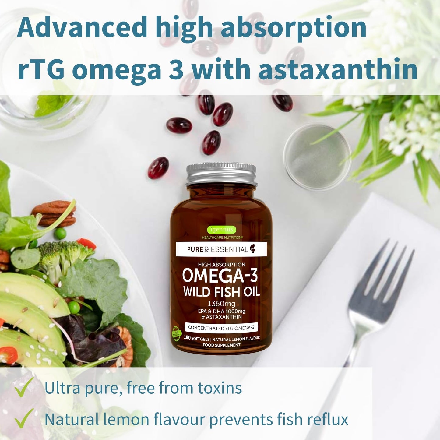 - Omega-3 Wild Fish Oil & Astaxanthin | The Most Advanced High Absorption rTG Omega-3 | Lemon Flavour | 180 Small Softgels -