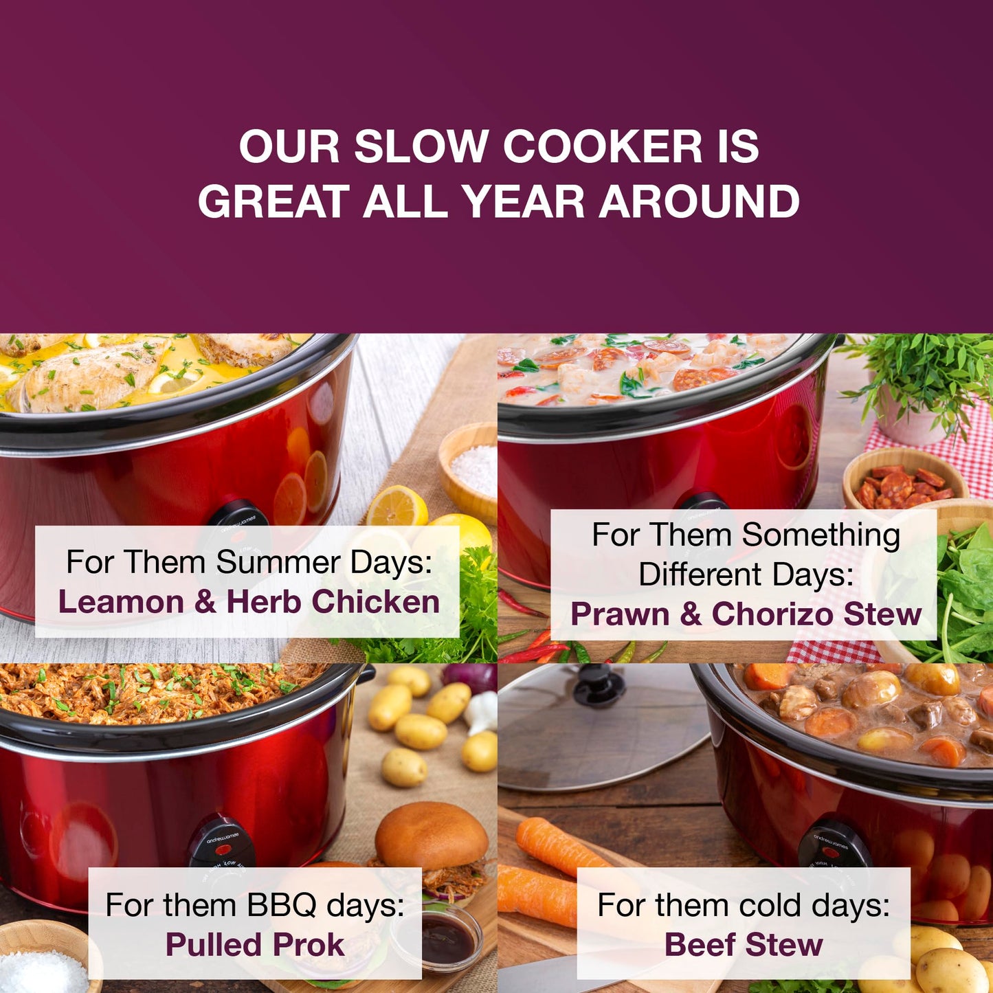 Andrew James Slow Cooker, Removeable Easy Clean Ceramic Bowl, 3 Temperature Settings, Energy Efficient, Tempered Glass Lid, Cool Touch Handles & Non-Slip Feet (Red, 8L)